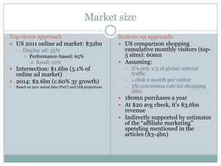 Market size
Top-down approach                                         Bottom-up approach:
 US 2011 online ad market: $32bn                          US comparison shopping
       Display ad: 35%                                     cumulative monthly visitors (top-
           Performance-based: 65%                          5 sites): 60mn
             Retail: 22%                                  Assuming:
 Intersection: $1.6bn (5.1% of                                It’s only 1/5 of global referral
  online ad market)                                             traffic
 2014: $2.6bn (c.60% 3y growth)                               1 click a month per visitor
   Based on 2011 actual data (PwC) and IAB projections        5% conversion rate for shopping
                                                                sites
                                                           180mn purchases a year
                                                           At $20 avg check, it’s $3.6bn
                                                            revenue
                                                           Indirectly supported by estimates
                                                            of the “affiliate marketing”
                                                            spending mentioned in the
                                                            articles ($3-4bn)
 