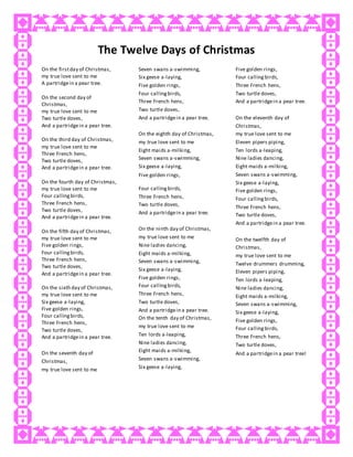 The Twelve Days of Christmas
On the firstday of Christmas,
my true love sent to me
A partridgein a pear tree.
On the second day of
Christmas,
my true love sent to me
Two turtle doves,
And a partridgein a pear tree.
On the third day of Christmas,
my true love sent to me
Three French hens,
Two turtle doves,
And a partridgein a pear tree.
On the fourth day of Christmas,
my true love sent to me
Four callingbirds,
Three French hens,
Two turtle doves,
And a partridgein a pear tree.
On the fifth day of Christmas,
my true love sent to me
Five golden rings,
Four callingbirds,
Three French hens,
Two turtle doves,
And a partridgein a pear tree.
On the sixth day of Christmas,
my true love sent to me
Six geese a-laying,
Five golden rings,
Four callingbirds,
Three French hens,
Two turtle doves,
And a partridgein a pear tree.
On the seventh day of
Christmas,
my true love sent to me
Seven swans a-swimming,
Six geese a-laying,
Five golden rings,
Four callingbirds,
Three French hens,
Two turtle doves,
And a partridgein a pear tree.
On the eighth day of Christmas,
my true love sent to me
Eight maids a-milking,
Seven swans a-swimming,
Six geese a-laying,
Five golden rings,
Four callingbirds,
Three French hens,
Two turtle doves,
And a partridgein a pear tree.
On the ninth day of Christmas,
my true love sent to me
Nine ladies dancing,
Eight maids a-milking,
Seven swans a-swimming,
Six geese a-laying,
Five golden rings,
Four callingbirds,
Three French hens,
Two turtle doves,
And a partridgein a pear tree.
On the tenth day of Christmas,
my true love sent to me
Ten lords a-leaping,
Nine ladies dancing,
Eight maids a-milking,
Seven swans a-swimming,
Six geese a-laying,
Five golden rings,
Four callingbirds,
Three French hens,
Two turtle doves,
And a partridgein a pear tree.
On the eleventh day of
Christmas,
my true love sent to me
Eleven pipers piping,
Ten lords a-leaping,
Nine ladies dancing,
Eight maids a-milking,
Seven swans a-swimming,
Six geese a-laying,
Five golden rings,
Four callingbirds,
Three French hens,
Two turtle doves,
And a partridgein a pear tree.
On the twelfth day of
Christmas,
my true love sent to me
Twelve drummers drumming,
Eleven pipers piping,
Ten lords a-leaping,
Nine ladies dancing,
Eight maids a-milking,
Seven swans a-swimming,
Six geese a-laying,
Five golden rings,
Four callingbirds,
Three French hens,
Two turtle doves,
And a partridgein a pear tree!
 