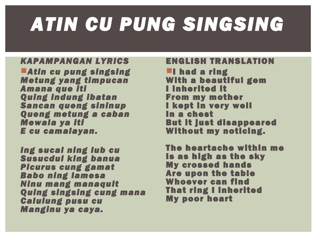 Atin Cu Pung Singsing Lyrics Tagalog Translation Folk songs- Grade 7