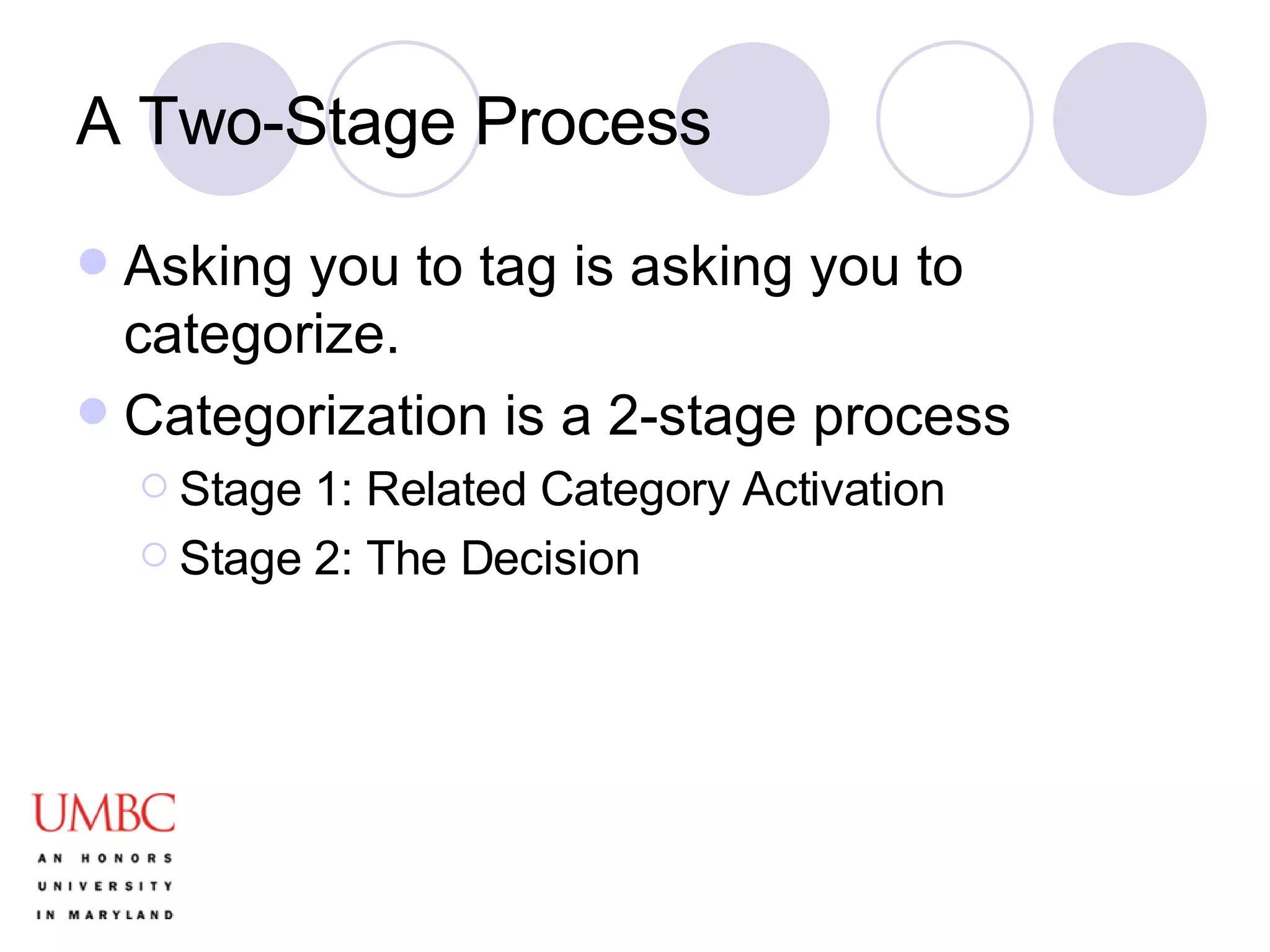 A Two-Stage Process Asking you to tag is asking you to categorize. Categorization is a 2-stage process Stage 1: Related Category Activation Stage 2: The Decision 