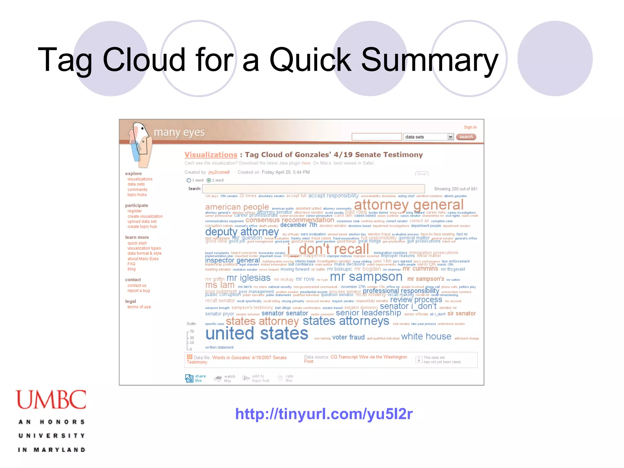 Tag Cloud for a Quick Summary http://tinyurl.com/yu5l2r 