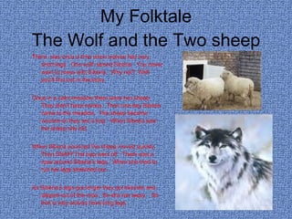 My Folktale The Wolf and the Two sheep There  was once a time when wolves had very short legs.  One wolf named Siberia.  You never want to mess with Siberia.  Why not?  Well you’ll find out in the story. Once in a calm meadow there were two sheep.  They didn’t have names.  Then one day Siberia came to the meadow.  The sheep became worried so they set a trap.  When Siberia saw the sheep she hid. When Siberia pounced the sheep moved quickly.  Then SNAP! The trap went off.  There was a rope around Siberia’s legs.  When she tried to run her legs stretched out. As Siberia’s legs got longer they got skinnier and slipped out of the rope.  So she ran away.  So that is why wolves have long legs. 