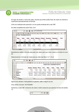 Folla de Cálculo: Calc 
Obradoiros “Tecnoloxías da Información e a Comunicación” 
En lugar de escribir o nome das celas, recorda que tamén podes facer clic sobre as mesmas e 
inseriranse automaticamente na fórmula. 
Unha vez realizada esta operación, só nos queda arrastrala até a cela “M6”. 
As celas completáronse soas! Fácil, non? 
Necesitamos darlles o formato adecuado aos datos para que nolos mostre co símbolo do euro 
(€). 
Seleccionamos o formato de moeda para as celas das filas 4, 6, 7, 8 e 9. 
Agora imos calcular o total gastado en gasolina, taller e seguro ao ano. 
Imos utilizar a función “AUTOSUMA”. 
Activamos a casa “N6” e facemos clic sobre o botón autosuma que aparece na barra de tarefas 
”Σ”. 
Páxina 21 de 38 
 