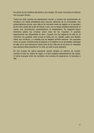 los gritos de los chóferes llamando a sus amigos .En esos momentos el silencio
era una gran ficción.
Todos los días cuando los atardeceres morían y cuando los anocheceres se
iniciaban con cielos estrellados pero oscuros salíamos de la universidad, nos
embarcábamos juntos, pero ella en el momento dado se bajaba en el paradero
de la Volvo antes del óvalo de Santa Lucía, con su larga cabellera flameando al
viento, sus movimientos característicos al desplazarse. Su elegante figura
femenina jalaba las miradas sobre todo de los mayores. A quienes
seguramente les despertaba el sexo. Cuando me iba alejando de ella en el
microbús me gustaba verla cruzar la pista con su cabello suelto que flotaba
sobre sus hombros y a medida que se alejaba sentirla hacerse tan pequeña
como un punto, Durante todo el trayecto a mi destino yo la recordaba, pensaba
en ella, en lo que habíamos hecho todo el día. Ella era el sol para mí, deseaba
que siempre esté presente en mi vida, en todo lo que realizara.
En mis noches de calma sepulcral, donde reinaba un silencio de muerte,
cuando el cielo se vestía de negro y el aire soplaba estremeciendo las cosas,
mi alma buscaba entre las sombras una lucecita de esperanza, la buscaba a
ella.

12

 