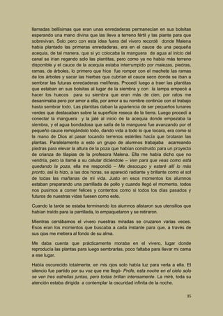 llamadas bellísimas que eran unas enredaderas permanecían en sus bolsitas
esperando una mano divina que las lleve a terreno fértil y las plante para que
sobrevivan. Solo pero con esta idea fuera del vivero recordé donde Malena
había plantado las primeras enredaderas, era en el cauce de una pequeña
acequia, de tal manera, que si yo colocaba la manguera de agua al inicio del
canal se irían regando solo las plantitas, pero como ya no había más terreno
disponible y el cauce de la acequia estaba interrumpido por malezas, piedras,
ramas, de árboles, lo primero que hice fue romper con el machete las ramas
de los árboles y sacar las hierbas que cubrían el cauce seco donde se iban a
sembrar las futuras enredaderas melíferas. Procedí luego a traer las plantitas
que estaban en sus bolsitas al lugar de la siembra y con la lampa empecé a
hacer los huecos para su siembra que eran más de cien, por ratos me
desanimaba pero por amor a ella, por amor a su nombre continúe con el trabajo
hasta sembrar todo. Las plantitas daban la apariencia de ser pequeños lunares
verdes que destacaban sobre la superficie reseca de la tierra. Luego procedí a
conectar la manguera y la jalé al inicio de la acequia donde empezaba la
siembra, y el agua bondadosa que salía de la manguera fue avanzando por el
pequeño cauce remojándolo todo, dando vida a todo lo que tocara, era como si
la mano de Dios al pasar tocando terrenos estériles hacía que brotaran las
plantas. Paralelamente a esto un grupo de alumnos trabajaba acarreando
piedras para elevar la altura de la poza que habían construido para un proyecto
de crianza de tilapias de la profesora Malena. Ella me había dicho que no
vendría, pero la llamé a su celular diciéndole – Ven para que veas como está
quedando la poza, ella me respondió – Me desocupo y estaré allí lo más
pronto, así lo hizo, a las dos horas, se apareció radiante y brillante como el sol
de todas las mañanas de mi vida. Justo en esos momentos los alumnos
estaban preparando una parrillada de pollo y cuando llegó el momento, todos
nos pusimos a comer felices y contentos como si todos los días pasados y
futuros de nuestras vidas fuesen como este.
Cuando la tarde se estaba terminando los alumnos alistaron sus utensilios que
habían traído para la parrillada, lo empaquetaron y se retiraron.
Mientras cerrábamos el vivero nuestras miradas se cruzaron varias veces.
Esos eran los momentos que buscaba a cada instante para que, a través de
sus ojos me metiera al fondo de su alma.
Me daba cuenta que prácticamente moraba en el vivero, lugar donde
reproducía las plantas para luego sembrarlas, poco faltaba para llevar mi cama
a ese lugar.
Había oscurecido totalmente, en mis ojos solo había luz para verla a ella. El
silencio fue partido por su voz que me llegó- Profe, esta noche en el cielo solo
se ven tres estrellas juntas, pero todas brillan intensamente. La miré, toda su
atención estaba dirigida a contemplar la oscuridad infinita de la noche.
35

 