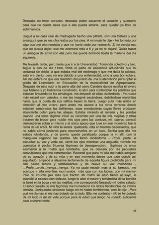 Deseaba no tener corazón, deseaba poder sacarme el corazón y quemarlo
para que no quede nada que a ella pueda amarla, para quedar yo libre de
sufrimientos.
Llegué a mi casa casi de madrugada hecho una piltrafa, con una tristeza y una
amargura que se me chorreaba por los pies. A mi mujer le dije - He tomado por
algo que me atormentaba y que no haría nada por retenerlo. Si yo perdía eso
que no quería dejar, eso me acercará más a ti y ya no te dejaré. Quise hacer
un amague de amor con ella pero me quedé dormido hasta la mañana del día
siguiente.
Me levanté tarde, pero tenía que ir a la Universidad. Tomando colectivo y taxi,
llegue a eso de las 11am, firmé el parte de asistencia aduciendo que mi
tardanza se debía a que estaba mal del estómago y que me dolía la cabeza,
esto era cierto, pero no era debido a una enfermedad, sino a una borrachera.
Allí me enteré de que era miembro del jurado de una sustentación para optar el
grado de Licenciado en Educación de la especialidad de Agropecuaria.
Después de esto subí a la parte alta del cerro Candela donde estaba el vivero
que Malena y yo habíamos construido, lo abrí para contemplar las plantitas que
estaban brotando de los almácigos, me despedí de ellas diciéndoles - Ya nunca
más estaré con ustedes, y me las imaginé secándose, doblándose marchitas
hasta que la punta de sus tallitos besen la tierra. Luego subí más arriba en
dirección al otro vivero, pero antes me asome a los otros terrenos donde
estaban sembrados las bellísimas, esas enredaderas cuyas flores producen
abundante polen para las abejas. Estaba mirando el terreno y las plantas
cuando una lenta lágrima inició su recorrido por una de mis mejillas y otras
trataron de brotar para nublar mis ojos pero las contuve, mi cuerpo pareció
derrumbarse sobre sí mismo y el único apoyo que tuve en ese momento fue la
rama de un árbol. Mi vida la sentía .quebrada, rota en trocitos dispersados, que
no sabía cómo juntarlos para reconstruirlos en un todo. Sentía que ella me
estaba olvidando, y de pronto quede paralizado porque la vi allí, con la
manguera regando las plantas. Me llamó diciéndome – Profe…profe, al
escuchar su voz y verla así, cerré los ojos mientras una angustia horrible me
quemaba el pecho. Nuevas lágrimas de desesperación, lágrimas de amor
asomaron a mi rostro que temblaba, que se desasía por las pequeñas
convulsiones que me estremecían. Recordé que para mí ella me había arrojado
de su corazón y de su vida y en ese momento desee que todo quede así
sepultado, empecé a alejarme lentamente de aquella figura prohibida para mí
con pasos lentos y tambaleantes y de nuevo su voz melodiosa …Profe…profe…venga…venga. Ya no pude resistir más a su llamado, me
acerque a ella mientras murmuraba más que con los labios, con mi mentePelo de chucha jala más que tractor. Mi rostro se situó frente al suyo, le
acaricié la cabeza con dulzura, luego le alcé el rostro y tomándola de la barbilla
la besé en la boca y en las mejillas, me correspondió besando mi rostro salado.
El sabor salado de mis lágrimas me humedeció los labios llenándolos de infinita
ternura. Lloriqueaba sintiendo fuego en mi rostro tembloroso, pero le dije - Para
qué me llamas si me has botado de tu lado. Ella me contesto - No te he botado
de mi lado ni de mi vida porque para la edad que tengo he rodado suficiente
para comprenderle.
46

 
