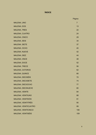 ÍNDICE
Página
MALENA, UNO

7

MALENA, DOS

13

MALENA, TRES

22

MALENA, CUATRO

24

MALENA, CINCO

29

MALENA, SEIS

34

MALENA, SIETE

37

MALENA, OCHO

40

MALENA, NUEVE

42

MALENA, DIEZ

44

MALENA, ONCE

48

MALENA, DOCE

52

MALENA, TRECE

56

MALENA, CATORCE

62

MALENA, QUINCE

66

MALENA, DIECISÉIS

70

MALENA, DIECISIETE

74

MALENA, DIECIOCHO

77

MALENA, DIECINUEVE

80

MALENA, VEINTE

84

MALENA, VEINTIUNO

88

MALENA, VEINTIDÓS

91

MALENA, VEINTITRÉS

95

MALENA, VEINTICUATRO

99

MALENA, VEINTICINCO

106

MALENA, VEINTISÉIS

109

6

 