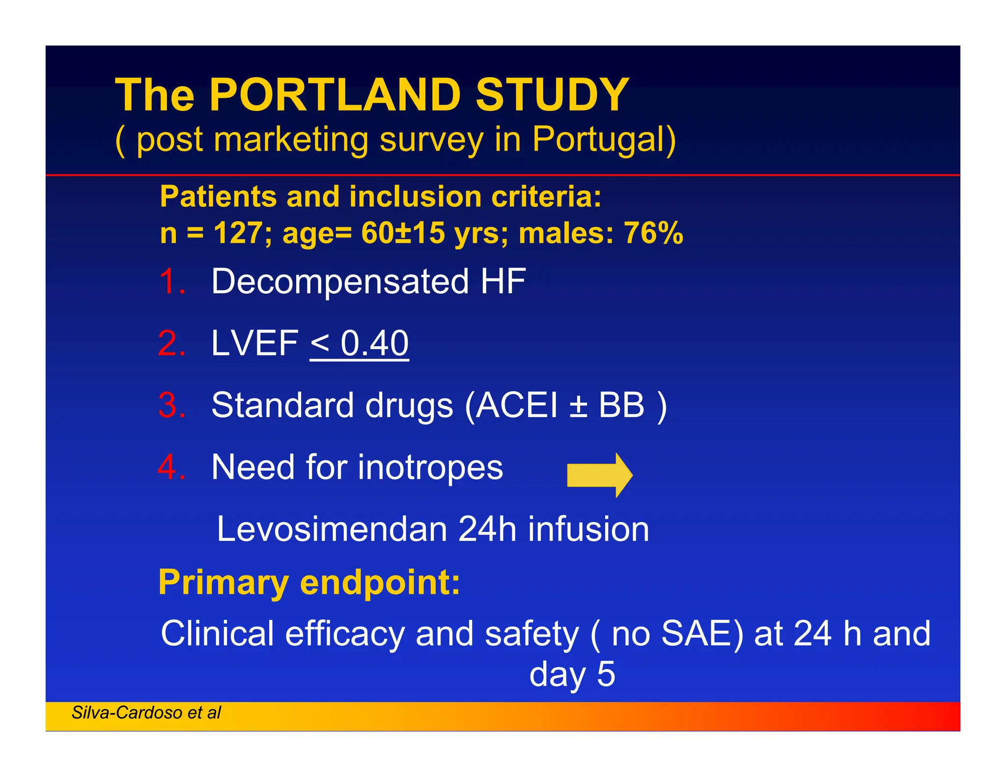 The PORTLAND STUDY
( post marketing survey in Portugal)
1. Decompensated HF
2. LVEF < 0.40
3. Standard drugs (ACEI ± BB )
4. Need for inotropes
Levosimendan 24h infusion
Primary endpoint:
Clinical efficacy and safety ( no SAE) at 24 h and
day 5
Patients and inclusion criteria:
n = 127; age= 60±15 yrs; males: 76%
Silva-Cardoso et al
 