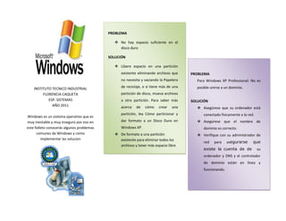 INSTITUTO TECNICO INDUSTRIAL<br />FLORENCIA CAQUETA<br />ESP. SISTEMAS<br />AÑO 2011<br />Windows es un sistema operativo que es muy inestable y muy inseguro por eso en este folleto conocerás algunos problemas comunes de Windows y como implementar las solucion<br />PROBLEMA<br />No hay espacio suficiente en el disco duro<br />SOLUCIÓN<br />Libere espacio en una partición existente eliminando archivos que no necesita y vaciando la Papelera de reciclaje, o si tiene más de una partición de disco, mueva archivos a otra partición. Para saber más acerca de cómo crear una partición, lea Cómo particionar y dar formato a un Disco Duro en Windows XP<br />De formato a una partición existente para eliminar todos los archivos y tener más espacio libre<br />PROBLEMA<br />Para Windows XP Professional: No es posible unirse a un dominio.<br />SOLUCIÓN<br />Asegúrese que su ordenador está conectado físicamente a la red. <br />Asegúrese que el nombre de dominio es correcto. <br />Verifique con su administrador de red para asegurarse que existe la cuenta de de  su ordenador y DNS y el controlador de dominio están en línea y funcionando. <br />PROBLEMA<br />Para Windows XP Professional: No se puede conectar a la red.<br />SOLUCIÓN<br />BLOQUEAR MAYUSCULAS no se encuentre activada mientras escribe su contraseña. Las contraseñas en Windows XP Professional son diferentes con mayúsculas y minúsculas. <br />El nombre de dominio que usa es correcto. <br />Su cable de red está conectado correctamente al ordenador y a la conexión de red. <br />Ejecute un Asistente para configuración de red (haga clic en Inicio y después en Ayuda y soporte; haga clic en Solucionar un problema, en la columna de la izquierda, y después haga clic en Problemas de red), o contacte a su administrador de red.<br />GRUPO DE TRABAJONO° 3“MANTENIMIENTO A PC Y ALGO MAS”<br />PROBLEMAS.<br />La instalación no puede encontrar la unidad de CD-ROM<br />SOLUCIÓN <br />Verifique que su hardware aparece en la Lista de compatibilidad de hardware (HCL). <br />Utilice el disco de inicio que se incluye con su CD-ROM para cargar de nuevo los controladores para el CD-ROM. Verifique si existen controladores actualizados con su distribuidor.<br />Si está realizando una nueva instalación y la inicia desde Windows 95, Windows 98, o Windows NT, haga clic en Opciones avanzadas durante la Instalación, y después copie los archivos a su disco duro. <br />