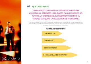 Rev 00 4
QUÉ OFRECEMOS02
01 FORMACIÓN
02 EVENTOS
03 CONSULTORÍA
04 DESARROLLO DE PROYECTOS
TRABAJAMOS CON EQUIPOS Y ORGANIZACIONES PARA
AYUDARLOS A APRENDER HABILIDADES EN LOS NEGOCIOS DEL
FUTURO: LA CREATIVIDAD, EL PENSAMIENTO CRITICO, EL
TRABAJO EN EQUIPO, LA RESOLUCION DE PROBLEMAS...
¿Son siempre los mismos retos? No, porque las soluciones no pueden ser las mismas cuando el con-
texto modifica su perfil. Los problemas nacen en el núcleo de la relación de las personas con el ecosis-
tema, con el entorno territorial, con el mercado...
CUATRO AREAS DE TRABAJO
 
