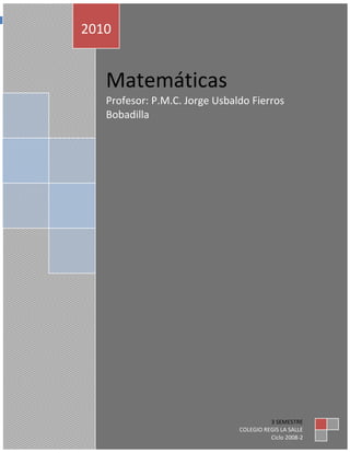 MatemáticasProfesor: P.M.C. Jorge Usbaldo Fierros Bobadilla20103 SEMESTRECOLEGIO REGIS LA SALLECiclo 2008-2<br />ÍNDICE<br />UNIDAD 1.0<br />ÁNGULOS<br />1.1     Sistemas para medir ángulos<br />1.2    Perpendicularidad y Paralelismo<br />1.3    Polígonos<br />1.4     Relaciones Pitagóricas<br />-Autoevaluación de la Primera Unidad<br />UNIDAD 2.0<br />SOCATOA<br />2.1     Circunferencia y Círculo<br />2.2    Gráficas de Funciones Trigonométricas<br />2.3     Gráficas de Tangentes<br />2.4     Gráficas de Temas nunca antes vistos<br />-Autoevaluación de la Segunda Unidad<br />UNIDAD 3.0<br />TRIÁNGULOS OBLICUÁNGULOS<br />3.1     Ley de los Cosenos<br />3.2     Ley de los Senos<br />3.3     Solución de problemas utilizando la Ley de Cosenos y Ley de Senos.<br />3.4     Área y Perímetro de Triángulos Oblicuángulos.<br />3.5     Mediana y Bisectriz de un Triángulo Oblicuángulo.<br />- Autoevaluación de la 3 Unidad<br />UNIDAD 4.0<br />ECUACIONES TRIGONOMÉTRICAS<br />4.1     Identidades Trigonométricas<br />4.2     Métodos para verificar si una  ecuación es o no es una Identidad.<br />4.3    Verificar si una  ecuación es o no es una Identidad.<br />Solución de Ecuaciones Trigonométricas <br />    Recomendaciones para resolver ecuaciones. <br />- Autoevaluación  de la Cuarta Unidad<br />1.0     ÁNGULOS<br />Ángulo: abertura entre dos líneas que se cruzan en un punto llamado vértice.<br />                                                 Vérticeθ<br />Clasificación de ángulos:<br />Agudo: menor de 90°<br />Recto: igual a 90°<br />Llano: mide 180°<br />Obtuso: Mayor de 90°, menor de 180°<br />Suplementarios: suman 180°<br />Complementarios: suman 90°<br />Consecutivos: comparten un vértice y un lado, no suman 180°<br />Adyacentes: comparten vértice, lado y suman 180°<br />Opuestos por el vértice: comparten un vértice y el lado de uno de ellos es la prolongación de los lados del otro<br />LlanoAdyacenteConsecutivosOpuestos por el vértice<br />Problemas de Aplicación:<br />Problema #1<br />Determinar en valor de 2 ángulos adyacentes, si el triple de uno de ellos es 25° mayor que el otro.<br />3A = B +25°3A – B = 25°  B = 180° - A<br />A +B = 180°  A + B = 180° B = 180° - 51.25°<br />4A = 205°B = 128.75°<br />3A – B = 25°  A = 205°/4<br />A + B =  180°  A = 51.25°<br />Problema #2<br />Determinar el valor de 2 ángulos complementarios, si la tercera parte de de uno de ellos es 15° menor que otra.<br />       Igualamos.<br />Despejamos ‘’A’’ <br />Problema #3<br />Encuentra dos ángulos complementarios y que uno de ellos sea el doble del otro.<br />A+B=90°<br />A=2B<br />A   +     B = 90°A-2B = 0<br />2A+2B=180<br />A-2B=0<br />3A=180<br />A=1803                                                     B=18032= 903   <br />1.1     SISTEMAS PARA MEDIR ANGULOS<br />Los sistemas se obtienen dividiendo a una circunferencia en partes iguales dependiendo del número de partes, es el nombre del sistema.<br />Si se divide en 360 partes iguales recibe el nombre de sistema sexagesimal, a cada parte se le llama grado.<br />Si la circunferencia se divide en 2 π partes iguales recibe el nombre de sistema circular y cada parte se le llama radián.<br />Para convertir los ángulos de un sistema a otro se utiliza una regla de 3 simple, utilizando como base la siguiente relación:<br />360 grados = 2 π radianes<br />Ejemplos:<br />Convertir 2 radianes a grados.<br />360° = 2 π radianes<br />        =  2 radianes <br />360° = 2 π radianes<br />114.64° =  2 radianes <br />*Convertir 100° a radianes.<br />360° = 2 π radianes<br />100° =          .<br />360° = 2 π radianes<br />100° =  1.74 rad.<br />Problemas de aplicación:<br />Encontrar 2 ángulos cuya suma es 100° y uno de ellos es un radian mas grande que el otro.Convertir a gradosx + y = 100°        x = 157.29° / 2los radianes.x – 57.29° = y        x = 78.645360° = 2 π radianesx + y = 100°        y = x – 57.29°57.29° =  1 rad. x - y = 57.29°           y = 78.645 – 57.29                                                     2x  = 157.29° y = 21.355<br />Encontrar el valor de 2 ángulos complementarios. Si la mitad de uno de ellos es 12.5° menor que el doble del otro. x + y = 90x + y = 90½ x + 12.5 = 2y x  + 4y = 25x + y = 90x + y = 90½ x – 2y = - 12.5-x + 4y = 25           5y = 115x + y = 90           y = 115/5(-2 )½ x – 2y = - 12.5           y = 23°  x = 90 – y                   x = 90 – 23 x = 67°<br />EJERCICIOS 1.0,1.1<br />Determinar el valor de 2 ángulos cuya suma es 3 radianes y el doble de uno de ellos es 50° mayor que el otro.<br />Determinar el valor de 2 ángulos cuya suma es 2.5 rad, y el triple de uno de ellos es 48° más chiquito que el cuádruplo del otro. Solución en radianes.<br /> Colocar el valor de 2 ángulos que suman 50° y uno de ellos es 12° mayor que el otro. Solución en radianes.<br />Determina el valor de 2 ángulos cuya suma es 3.5 radianes y ¼ parte de ellos es 80° menor que el otro. Solución en radianes.<br />Determina el valor de 2 ángulos cuya suma es de 174° con 40 minutos, y el doble de uno de ellos es 34° mayor que el triple del otro ángulo. Solución en radianes.<br />Encontrar 2 ángulos adyacentes si el triple de uno de ellos es 20° menor que el quíntuplo del otro.<br />Determinar el valor de 2 ángulos que sumen 248°, y el doble de uno de ellos es 80° menor que la mitad del otro. Solución en radianes.<br />Determinar el valor de 2 ángulos adyacentes si uno de ellos es igual al triple del otro. Respuesta en radianes.<br />Determinar el valor de 2 ángulos cuya suma es 200° y uno de ellos es 10° menor que el doble del otro.<br />Encontrar el valor de los ángulos cuya suma es 2.7 radianes y uno de ellos es .5 rad menor que el doble del otro. Respuesta en grados.<br />1.2    Perpendicularidad y Paralelismo<br />Se les llama rectas perpendiculares a aquellas que al cruzarse forman 4 ángulos de 90°.<br />Se les llama rectas paralelas a aquellas que por más que se prolonguen no tienen puntos en común.<br />Rectas cortadas por una secante:<br />Cuando dos rectas son cortadas por otra llamada secante forman 8 ángulos, algunos de los cuales reciben nombres especiales, los cuales son:<br />Ángulos internos: se encuentran dentro de las rectas<br />Ángulos externos: se encuentran fuera de las rectas.<br />Ángulos correspondientes: son aquellos que se encuentran de un mismo lado de la secante, uno por arribe de una recta y el otro también arriba pero de la otra recta<br />Ángulos conjugados: son aquellas que se encuentran por un mismo lado de la secante, uno por arriba de una de las rectas y el otro por debajo de la otra recta.<br />Ángulos alternos internos: son aquellos que se encuentran dentro de las rectas alternados por la secante, uno por arriba de una de las rectas y el otro por debajo de la otra recta.<br />Ángulos alternos externos: son los que se encuentran fuera de las rectas alternados por la secante, uno por arriba de una recta y el otro por debajo de la otra recta.<br />Notas:<br />Cuando las líneas son paralelas los ángulos correspondientes tiene la misma medida.<br />Si los ángulos conjugados suman 180° entonces las líneas son paralelas.<br />Ejemplo:<br />Determinar el valor de cada letra justificando la respuesta   a = 60° por ser adyacente<br />  b = 60° por ser correspondiente de a<br />Determina el valor de la letra x, y que aparece en el siguiente diagrama.229870356235<br />EJERCICIOS 1.2<br />685800339725 Relación existente entre las 2 letras.<br />114300381000Determinar el valor de cada letra justificando la respuesta.<br />228600471805Determinar el valor de cada letra justificando la respuesta.<br />228600392430Encontrar el valor de cada letra justificando la respuesta.<br />Determina el valor de cada letra que aparece en el dibujo, si la linea que une a ‘a’ con ‘c’ es paralela a la línea que une ‘d’ con ‘h’.453390520065<br />110490706755Encontrar el valor de cada una de las letras que aparecen en el dibujo, sí ab || cd,   10=45°,  8= 80°, 9=75°<br />457200232410Determinar el valor de ‘x’, ‘y’.<br />457200271145Determinar el valor de ‘x’, ‘y’.<br />342900457200Determinar el valor de la letra ‘x’ y la letra ‘y’ que aparece en el siguiente diagrama.<br /> Determinar el valor de la letra ‘x’ y la letra ‘y’ que aparece en el siguiente diagrama.<br />228600146050<br />1.3    Polígonos <br />Se le lama polígono a una figura cerrada de 3 o más lados. <br />Un polígono se puede clasificar de acuerdo al valor de sus ángulos y al numero de sus lados, por ejemplo:<br />Si un polígono tiene todos sus ángulos agudos se llama cóncavo, y si tiene uno más ángulos mayores que 180° se llama convexo.<br />Clasificación de los polígonos de acuerdo a sus lados:<br />Nombre Número de ladosTriángulo3569595120015Cuadrilátero456896026670Pentágonos5568960173355Hexágonos6568960159385Eneágono9568960116205<br />Diagonal de un polígono:<br />Se le llama así a la línea que une a 2 vértices no consecutivos del polígono.<br />11430040005<br /> - Diagonales de un vértice:  <br />- Diagonales en total:<br /> <br />- Suma de ángulos interiores (Si) :  <br />Ejemplos:<br />Encontrar la suma de todos los ángulos interiores de un hexágono regular.<br />Si = 180 (n -2)Si = 180 (6-2)<br />Si=  180 (4)Si = 720°<br />Determinar el número de diagonales totales que se le pueden trazar a un heptágono.<br />D = n/2 (n-3)<br />D = 772  (7-3)<br />D = 3.5 (4)<br />D = 14  diagonales.<br />Determinar el número de lados que tiene un polígono si la suma de los ángulos interiores es 1800°.<br />Si= 180 (n-2)10 = n-2<br />1800 = 180 (n-2)10 + 2 = n<br />1800/180 = n-2n = 12<br />EJERCICIOS 1.3<br />Hallar la suma de los ángulos internos de una octágono<br />Hallar la suma de  los ángulos internos de un pentágono.<br />¿Cuál es el polígono cuya suma de ángulos interiores vale 540°?<br />¿Cuál es el polígono cuya suma de ángulos interiores vale 1260°?<br />Hallar el valor de un ángulo interior de un hexágono regular.<br />Calcular el número de vértices que se pueden trazar desde un vértice de un pentágono<br />Calcular el número de vértices que se pueden trazar desde un vértice de un decágono.<br />Calcular el número total de diagonales que se pueden trazar en un polígono de 20 lados.<br />¿Cuál es el polígono en el cual se pueden trazar 14 diagonales en total?<br />¿Cuál es el polígono en el cual se pueden trazar 20 diagonales en total?<br />1.4     Relaciones Pitagóricas<br />Si el cuadrado del lado más grande de un triángulo es mayor que la suma de los cuadrados de los otros 2 lados, entonces es un obtusángulo.<br />c² > a² + b²<br />Si el lado mayor de un triángulo al cuadrado es menor que la sumad e los cuadrados de los otros 2 lados, entonces es una triángulo acutángulo.<br />c² < a² + b²<br />Si el lado mayor de un triángulo al cuadrado es igual a la suma de los cuadrados de los otros 2 lados, entonces es una triángulo rectángulo<br />c² = a² + b²<br />Ejemplo:<br />Clasificar el triángulo cuyos lados miden 6, 8 y 10 cm.<br />A = 6 , entonces , A² = 36  c²= a²+b²<br />B = 8, entonces, B² = 64 100 = 64 + 36         <br />C = 10, entonces, C²  = 100            100 = 100         <br />Por tanto el triángulo es rectángulo.<br />Clasificar el triángulo cuyos lados miden  12, 16 y 10 cm.<br />A = 12, entonces, A2 =144            entonces   C2 > A2  +  B2    <br />B = 10, entonces, B2  =100      <br />C= 16, entonces, C2 = 256            <br />Por lo tanto el triángulo es Obtusángulo<br />Encontrar el área de un triángulo equilátero cuyos lados valen 10 cm.<br />-3811635<br />a² = c² - b²A= bh/2<br />a²= 75A= (10)(8.66 )/2<br />a² = 100 – 25A = 43 cm²<br />a² = 75<br />a = 8.66<br />EJERCICIOS 1.4<br />Encontrar el valor de la altura de un triángulo equilátero cuyos lados valen 4 cm.<br />Encontrar el valor de los catetos de un triángulo rectángulo cuya hipotenusa vale 10 cm, si se sabe que el rectángulo es isósceles.<br />Determinar el área de un triángulo rectángulo isósceles cuya hipotenusa vale 8 cm.<br />Encontrar el área de un triángulo equilátero cuyos lados valen 100 cm.<br />Encontrar el área de un triángulo equilátero cuyos lados valen 348 cm.<br />Hallar el área de un triángulo isósceles cuyos lados iguales miden 246 y el lado desigual 80.<br />Determinar el área de un triángulo isósceles cuyos lados iguales miden 12 cm. Y el lado desigual 6 cm.<br />Encontrar el valor de un de los lados de un triángulo rectángulo, si la hipotenusa mide 10 cm, y uno de los catetos 5 cm.<br />Encontrar la altura de un triángulo equilátero cuyos lados miden 6 cm.<br /> Encontrar el área de un triángulo rectángulo cuya hipotenusa mide 20 cm. Y uno de sus catetos 8 cm.<br />Autoevaluación de la Primera Unidad<br /> Determinar el valor de 2 ángulos complementarios, si la tercera parte de de uno de ellos es 27° menor que otra.<br />Determina el valor de 2 ángulos cuya suma es 3.5 radianes y ¼ parte de ellos es 80° menor que el otro. Solución en radianes.<br />¿Cuál es el polígono cuya suma de ángulos interiores vale 1260°?<br />Encontrar el área de un triángulo equilátero cuyos lados valen 152 cm.<br />2.0    SOCATOA<br />Existen 6 funciones trigonométricas que se definen para ángulos agudos en  triángulo rectángulo pero sólo tres de ellas que se utilizan  para resolver triángulos rectángulos, y se definen  de la siguiente manera:<br />*Seno = cateto opuesto<br />   Hipotenusa<br />* Coseno  = cateto adyacente<br />Hipotenusa<br />* Tangente = cateto opuesto<br />Hipotenusa<br />Cuando se quiere encontrar el valor de un ángulo se utiliza la inversa de cualquiera de estas 3 funciones.<br />Cuando se quiera uno de los 3 lados del triángulo no se utiliza la inversa.<br />Ejemplos:<br />Encuentra el valor de la letra ‘’x’’:<br />228600170815<br />Los 100 cm que están dividiendo pasan multiplicando.<br />(100) Sen42°= x<br />X = 66.91 cm<br />X = (100) (.6691)<br />Encontrar el valor de la letra ‘’x’’<br />22860015240<br />Y= tan50 (15+x)y = tan60(x)<br />Y = 1.19 (16+x)y = 1.73 x<br />Y = 17.85 + 1.19 x<br />Por método de igualación: <br />17.85 + 1.19 x = 1.73 x<br />               17.85 = 1.73 x – 1.19 x<br />               17.85 = .54 x<br />           x = 17.85/.54<br />           x = 33.05 cm.<br />EJERCICIOS 2.0<br />De un triángulo rectángulo ABC, se conocen a = 415 m y b = 280 m. Resolver el triángulo <br /> De un triángulo rectángulo ABC, se conocen b = 33 m y c = 21 m. Resolver el triángulo <br /> De un triángulo rectángulo ABC, se conocen b = 5.2 m y B = 37º. Resolver el triángulo <br /> De un triángulo rectángulo ABC, se conocen b = 3 m y B = 54.6°. Resolver el triángulo.<br />De un triángulo rectángulo ABC, se conocen a = 6 m y b = 4 m. Resolver el triángulo. <br />De un triángulo rectángulo ABC, se conocen b = 3 m y c = 5 m. Resolver el triángulo. <br />Un dirigible que está volando a 800 m de altura, distingue un pueblo con un ángulo de depresión de 12°. ¿A qué distancia del pueblo se halla?<br />Hallar el radio de una circunferencia sabiendo que una cuerda de 24.6 m tiene como arco correspondiente uno de 70°  <br />Calcular el área de una parcela triangular, sabiendo que dos de sus lados miden 80 m y 130 m, y forman entre ellos un ángulo de 70°.<br /> Calcula la altura de un árbol, sabiendo que desde un punto del terreno se observa su copa bajo un ángulo de 30° y si nos acercamos 10 m, bajo un ángulo de 60°.<br />Calcular la longitud del lado y de la apotema de un octógono regular inscrito en una circunferencia de 49 centímetros de radio.<br /> Tres pueblos A, B y C están unidos por carreteras. La distancia de A a C es 6 km y la de B a C 9 km. El ángulo que forman estas carreteras es 120°. ¿Cuánto distan A y B?.<br />2.1     Circunferencia y Círculo<br />Se le llama circunferencia al conjunto de juntos que se encuentra a una misma distancia de otro punto llamado centro.<br />Se le llama círculo al conjunto de puntos cuya distancia a otro punto llamado centro es menor que un valor determinado llamado radio.<br />4686300100330<br />Rectas sobre una circunferencia y un círculo:<br />Secante: Es una recta que tiene 2 puntos en común con la circunferencia<br />Tangente: es una recta que tiene un punto en común con la circunferencia<br />Cuerda: es un segmento de recta que tiene sus extremos sobre la circunferencia.<br />Diámetro: es una cuerda que pasa por el centro del círculo.<br />Radio: es un segmento de recta que tiene un extremo en el centro del círculo y el otro sobre la circunferencia.<br />Ángulos en una circunferencia y en un círculo:<br />Ángulo exterior: es el que tiene su vertice fuera del circulo y la circunferencia y susu lados pueden ser de 3 tipos:<br />- 2 secantes- 1 secante y 1 tangente - 2 tangentes.<br />Para encontrar la medida de un ángulo exterior se resta el arco mayor menos el arco menor y se divide entre 2<br />38103810α = 13°<br />Ángulo inscrito: es el que tiene su vértice sobre la circunferencia y sus lados pueden ser 2 cuerdas<br />La medida de un ángulo inscrito se obtiene sacándole la mitad al arco que esta entre sus lados.<br />4445444544454445         <br />         α = 14°<br />Ángulo interior: es el que tiene su vértice sobre el círculo y sus lados pueden ser 2 cuerdas.<br />Para obtener la medida de un ángulo interior se suman los arcos que están entre sus lados y luego se saca la mitad.<br />38100α = 16° + 4°α = 10°<br />2<br />Ángulo central: es el que tiene su vértice en medio del círculo y sus lados son 2 radios.<br />Para obtener la medida de un ángulo interior se suman los arcos que están entre sus lados y luego se saca la mitad.<br />   <br />4445bottom α = 15°<br />Ángulo semi-inscrito: es el que tiene su vértice sobre la circunferencia, uno de sus lados es una tangente y el otro lado una cuerda.<br />La medida de obtiene sacando la mitad a el arco que se encuentra entre sus lados.<br />141605-343535α = 122/2<br />EJERCICIOS 2.1<br />Encontrar ∢α en los siguientes diagramas:<br />323215112395<br />1)<br />35560063502) <br />3) Encontrar ∢ ABC,  Si ∢AOB = 80°<br />35560018415<br />4) Encontrar ∢ ABC, Si ∢ AOC =  70°<br />4445center<br />5) Encontrar ABE, si DC = 40°, y AE = 80°<br />153035133985<br />2.2    Gráficas de Funciones Trigonométricas<br />Para realizar la grafica de la función seno o coseno se utiliza la siguiente tabla de valores: <br />x2x3x4x5x00000± 90± 45± 30± 22.5± 18± 180± 90± 60± 45± 36± 270± 135± 90± 67.5± 54± 360± 180± 120± 90± 72<br />EJEMPLO<br />Y = -6 Cos (2x) + 8<br />2053590234950<br />xY0245890141358 1802-458-9014-1358-1802<br />2.3     Gráficas de Tangentes<br />Para graficar la función tangente se necesita encontrar los puntos donde la tangente no exista (donde la calculadora marque error) para lo cual se iguala todo lo que se encuentra dentro del paréntesis a múltiplos impares de 90° y en cada resultado se grafica una línea punteada vertical y se eligen 3 puntos entre cada línea punteada, se sugiere que los puntos dividan en partes iguales al segmento entre las líneas punteadas.<br />2310765883285<br />XY-14.29-12.7611.42.00237.135.7162.8410.2788.5515.96114.2628.74<br />2.4     Gráficas de Temas nunca antes vistos<br />Para realizar este tipo de gráficas se tiene que tomar en cuenta las siguientes consideraciones:<br />El término ‘b’ se divide entre el termino ‘a’ y se cambia de signo.<br />El resultado obtenido es la que se mueve en al gráfica en el eje ‘x’.<br />El término ‘c’ sin cambiando de signo es la que se mueve en la gráfica en el eje ‘y’.<br />El término ‘d’ indica la amplitud de la figura además indica también hacia donde se dirige la figura.<br />Al dividir 90° entre la letra ‘a’ se obtiene que indica la variación de los ángulos en el eje ‘x’<br />53340525780<br />EJERCICIOS 2.2, 2.3, 2.4<br />Realizar la tabla y la gráfica de las siguientes funciones.<br />y = 8 cos (3x) -6<br />y = 10 sen (5x) -1<br />y = 4 cos (5x) + 24<br />y = -3 sen (4x) -10<br />y = 6 cos (3x) +9<br />y = -7 sen (5x) + 12<br />y = 4 sen( x-40) +3<br />y = -6 cos (5x-100) +2<br />y = 4 sen (3x-120) +6<br /> y = 10 tan (x+4)+ 10<br />Autoevaluación de la Segunda Unidad<br />Encuentra el valor de la letra ‘’x’’:<br />-3810161290<br />Encontrar ∢ ABC,  Si ∢AOB = 110°<br />135890117475<br />Realizar la tabla y gráficas de las siguientes funciones.<br />y = 4 sen( x-40) -8<br />y = -6 cos (5x-100) +5<br />y = 10 sen (5x) -12<br />3.0     Triángulos Oblicuángulos<br />Los triángulos oblicuángulos son aquellos que no poseen ángulos de 90°.<br />Para poder resolver éste tipo de triángulos, se necesitan de las siguientes fórmulas:<br />Ley de los Cosenos.<br />Ley de los Senos.<br />Ley de las Tangentes.<br /> 3.1     Ley de los Cosenos<br />Esta ley la podemos utilizar cuando:<br />Se conozcan las medidas de los 3 lados del triángulo.<br />Se conozcan 2 lados y en ángulo entre ellos. <br />Esta ley nos dice que el cuadrado de uno de los lados es igual a la suma de los cuadrados de los otros dos lados, menos el doble del producto de los lados, por el coseno del ángulo entre ellos.<br />272415232410                                                                                     <br />                                                                                             a2= b2+c2- 2 bccos A<br />                                                                                                     b2=a2+c2- 2 ac cos B<br />                                                                                             c2=a2 + b2 – 2 abcosC<br />EJEMPLOS<br />Determinar la distancia entre el punto X y el punto Y. <br />-241935399415                                                                             <br />    b2=a2+c2- 2 ac cos B<br />                   b2  = (12)² + (8)² - 2 (12) (8) cos 30°    <br />                   b2 = 144 + 64 – 192 cos 30°<br />                     b2 = 208 – 166.27 <br />                      b2 = 41.27<br />La distancia del punto X al punto Y ; es de 6.42 mts.La                                                                                        b2=6.42<br />Encontrar el valor del un ángulo A de la siguiente figura. <br />24765285115                                                                                   <br />                     a2= b2+c2- 2 bcCos A<br />                     15² = (20)² + (10)² - 2 (20) (10) Cos A<br />                    225 = 400 + 100 – 400  Cos A<br />                    225 – 100 – 400 = -400 Cos A<br />                    Cos A =  -275-400<br />                                                                             A = cos-1( .687)<br />                                                               <br />A = 46.60 °                    <br />EJERCICIOS 3.1<br />Resolver los triángulos, utilizando la ley de los cosenos.<br />a = 16 m. ,b = 11m., c=19<br />Encontrar el valor del ∢ B<br />a = 12.5 cm, b = 8.9 cm, c = 17.6cm<br />Encontrar ∢ C.<br />a = 7.8 km, b = 10 km, c = 14 km<br />Encontrar el valor de los ∢ faltantes.<br />a = 20 mts. , b = 10mts. , c = 20 mts.<br />Encontrar el valor de los ∢ A & B.<br />a  =32.45cm, C = 66.93°, b  =27.21cm.<br />Encontrar el valor de ”c” y del ∢B.<br />A = 29.14°, c=83.44 cm, b=61.52cm<br />Encontrar el valor de “a”, B & C.<br />A = 52°14’, b = 22.25 cm, c = 36.15 cm<br />Encontrar el valor de a & B.<br /> b = 8.14cm, C = 102°55’12”,a=22.23cm<br />Encontrar el valor de los ∢ faltantes y de el lado “c”.<br />3.2     Ley de los Senos<br />Esta regla se utiliza cuando:<br />Se conozcan dos lados y un ángulo opuesto a uno de los lados.<br />Se conozcan dos ángulos y un lado.<br />La ley de los senos nos dice:<br /> “Los lados de un triángulo son proporcionales a los senos de los ángulos de los lados opuestos”.<br />2710815156210<br />24130169545<br />EJEMPLO<br />-51435177165<br />18097512700  <br />       aSen α= 100Sen 70= 70Sen γ<br />   *  106.41  se obtiene de la división de 100Sen 70 <br />                                                                                                                                  106.41 =  70Sen γ   <br />                                                              Sen γ = 106.4170 = 1.52 = sin-1(1.52)<br />sin-1(1.52) = ERROR<br />EJERCICIOS 3.2<br />Resolver los triángulos, utilizando la ley de los senos<br />a = 41 cm, B = 51°, C = 27°50’ <br />a = 78.6 cm,  A = 83°26’, B= 39°13’<br />a = 9.30 m , b = 5.40 m , A = 30.8°<br />b = 5 m, c = 6 , B = 50°<br /> 20°,80° y c = 7<br /> 40°, 76° y a = 10<br />49° 40´ , 60°20´  y c = 540<br /> 60°, a = 15  y b = 10<br /> 112, a = 7 y b = 18<br />  81°, c = 11  y  b = 12<br />3.3     Solución de problemas utilizando la Ley de Cosenos y Ley de Senos.<br />EJEMPLOS<br />Tres circunferencias con radios de: 115 cm, 150 cm y 215 cm son tangentes entre sí. Determinar uno de los ángulos que se forman al unirse los centros de éstas circunferencias.<br />558165167640<br />3587115101600<br />-146685261620<br />Ahora resolvemos el triángulo utilizando la ley de los Cosenos; en este caso se encontrará la medida del ángulo A<br /> a2= b2+c2- 2 bccos A<br />265² = 365² + 330² - 2 (365) (330) cos A<br />70225 = 133225 + 108900 – 240900 cos A<br />70225 – 133225 – 108900 = -240900 cos A<br />A = cos-1- 171900- 240900<br />A = cos-1(.713)<br />A = 44.52°<br />Dos hombres que están en el campo, separados por 3000 mts. ; observan un helicóptero. Los ángulos de elevación respecto al helicóptero son de 60° y 75° respectivamente. Determinar la altura del helicóptero.<br />1777365221615128905268605 <br />839470238760<br />+ Recuerda que la sumatoria de los ángulos internos de un triángulo debe ser igual a 180°<br />                   3000sin 45°=bSen 75°=cSen 60° <br />      c = Sen 60° = (3000Sen 45°) <br />                                                            c = 3674.23 cm.<br />+ Para encontrar la altura h  del helicóptero obtendremos  el Seno de 75°.<br />sin75°=h3674.23<br />h = 3674.23 (Sin 75°)<br />h = 3549.03<br />EJERCICIOS 3.3<br />Resolver los siguientes ejercicios, utilizando la Ley de los Cosenos y la Ley de los Senos.<br />Dos piedras se encuentran a la orilla de una playa a una distancia uno de otro de 1.8 Km. en los puntos A y B, y se encuentra una bolla situada en un punto C. Si la piedra A mide un ángulo CAB igual a 79.3° y el que está en B mide un ángulo CBA igual a 43.6°, ¿a qué distancia está la bolla de la costa?<br />Un poste forma un ángulo de 79° con el piso.  El ángulo de elevación del sol desde el piso es de 69°. Encuentre la longitud del poste si su sombra es de 5.9 m.<br />Si medimos los ángulos de elevación de una montaña desde lo más alto y desde la base de una torre de 20  metros de alto y éstos son 38.5° y 40.2° respectivamente ¿Cuál es la altura de la montaña?<br />Un hombre de 5 pies 9 pulgadas de altura se para en un andén que se inclina hacia abajo con un ángulo constante.  Un poste vertical de luz situado directamente detrás de él proyecta una sombra de 18 pies de largo.  El ángulo de depresión desde la mayor altura del hombre, hasta la punta de su sobra es de 31° encuentre el ángulo , como se muestra en la figura, formado por el andén y la horizontal.<br />148209055880<br /> <br />Si el hombre del problema anterior esta a 22 pies del poste de luz sobre el andén, encuentre la altura del poste.<br />Dos salvavidas se encuentran en la orilla de una playa a una distancia uno del otro de 1.5 Km. en los puntos A y B, y divisan un bote que se está hundiendo situado en el punto C. Si el salvavidas en A mide un ángulo CAB igual a 79º y el está en B mide un ángulo CBA igual a 44º ¿a qué distancia está el bote de cada salvavidas?<br />Una persona situada en un punto A se dirige en línea recta hacia un punto C. Otra persona hace lo mismo desde un punto B. Si la distancia ente A y B es de 8Km, el ángulo CAB es de 75º y el ángulo CAB  es de 45º ¿Qué distancia tendrá que recorrer cada persona?<br />Si medimos los ángulos de elevación de una montaña desde lo más alto y desde la base una torre de 20 metros de alto y estos son de 38º y 40º respectivamente. ¿Cuál es la altura de la montaña?<br />Un avión vuela de la ciudad A a la ciudad B una distancia de 150 millas y luego gira  40º para dirigirse a la ciudad C.<br />a.Si entre la ciudad A y C hay 300 millas ¿a qué distancia se encuentran la ciudad B de la C.<br />b.¿Con qué ángulo debe girar el piloto en la ciudad C para regresar a la ciudad A?<br />Para encontrar la distancia de un lado al otro de un río una topógrafa selecciona los puntos A y B que están separados 220 pies y se encuentran del mismo lado del río. Escoge un punto C del lado opuesto del río y determina que el ángulo BAC es de 82º y el ángulo ABC es de 52º. Calcule la distancia desde a hasta C.<br />Un aeroplano vuela a 500 km desde un punto B en la dirección de 40°al noroeste hasta el punto C. Después el aeroplano vuela a 720 km hasta el punto A. Encontrar el ángulo del vuela desde el punto C al A.<br />14439908890<br />3.4     Área y Perímetro de Triángulos Oblicuángulos.3758565183515<br />a) Obtenemos el lado faltante.<br />      a2= b2+c2- 2 bccos A<br />a² = (12)² + (32)² - 2 (12)(32) cos 80°<br />a² = 144 + 1024 – 133.36<br />a² = 1034.64<br />a = 32.16 cm <br />b) Obtenemos los ángulos faltantes.<br />b2=a2+c2- 2 ac cos B<br />(32)² = (32.16)² + (12)² - 2 (32.16) (12) cos B<br />1024 = 1178.26 – 771.84 cos B<br />1024 – 1178.26 = -771.84 cos B<br />B = cos-1(-154.26-771.84)<br />B = cos-1(.19)<br />      B = 79.04°                                                                       C = 180 – (79.04° + 80°)<br />                                                                                                             C = 20.96°           <br />Perímetro: es igual a la suma de sus tres lados<br />P = 32.16 cm + 32 cm, 12 cm<br />P = 76.16 cm<br />Área: se obtiene multiplicando la base por la altura.<br />1)  Obtenemos la altura.                                      2) Multiplicamos la mitad de la base por  <br />Sen 80° = h12                                                                            la altura h.<br />h = 12 (Sen 80°)                                                       a = 16 * 11.81<br />h = 11.81 cm                                            a = 188.96 cm²<br />EJERCICIOS 3.4<br />Encontrar el área y perímetro de los siguientes triángulos oblicuángulos. <br />a = 100 cm, B = 70° , C = 60°<br />a = 16cm, b = 8 cm, c = 16 cm<br />a = 41cm , B = 27°50’, C  =51°<br />a = 78.6 cm , A = 83°26’, B = 39°13’<br />a = 75.6m, b = 170.86m, γ = 118° 42´ 16quot;
<br />b = 130.4m, β = 60° 23´15quot;
 , γ = 93°18´40quot;
<br />b = 158 cm, c = 178 cm , A = 87°45’<br />a = 70 cm, A = 85°45’,71”, B = 40°78’<br />A = 29°14’, b = 61 cm , c = 84 cm<br />b = 40 cm , A = 57°7’, C = 78°28’ <br />3.5     Mediana y Bisectriz de un Triángulo Oblicuángulo. <br />Mediana: línea que parte de un vértice y llega al punto medio del lado opuesto.<br />EJEMPLO<br />Determinar la longitud de una de las medianas del triángulo.<br />129159085725<br />                                                                                                                              Mediana<br />Se obtiene el valor de uno de los ángulos.<br /> a2= b2+c2- 2 bccos A<br />(16)² = (10)² + (8)² - 2 (10) (8) cos A<br />256-164 =-160 Cos A<br />A = cos-1( 92-160) = cos-1-.575 <br />A = 125.09°<br />Obtenemos el valor de M.<br />-51435306705                                                    a2= b2+c2- 2 bccos A<br />a² = (5)² + (8)² - 2 (5)(8) cos 125.09<br />a²= 89 + 45.08<br />a² = 134.08<br />a = 11.60 cm <br />Mediana = 11.60 cm <br />Bisectriz: línea que parte de uno de los vértices, divide al ángulo en dos partes iguales.<br />1339215228600183451557150<br /> <br />EJEMPLO<br />Determinar la longitud de una de las bisectrices. <br />Encontramos el valor de los ángulos.<br />b²= a + c – 2 (ac) Cos B                                                       a²= b + c – 2 (bc) Cos A<br /> (5)² = (6)²+(4)² – 2 (6)(4) cos B                                     (6)²= (5)² + (4)² – 2 (5) (4) Cos A <br />25 = 52 -48 cos B                                                                   36 –= 41  -40 Cos A               <br />25 – 52 = -48 cos B                                                                36 – 41 = -40 Cos A<br />B =cos-1-27-48 = cos-1.5625                                    A = cos-1-5-40<br />B = 55.77°                                                                                A = 82.81° <br />Se obtiene el valor de la bisectriz.<br />27774905016592964050165-99060193040<br />aSen 55.77°=4Sen 82.81°=cSen 41.42°<br />a = sin55.57 (4Sen 82.81°)<br />a = 3.33 cm<br />Bisectriz = 3.33 cm<br />EJERCICIOS 3.5<br />Encontrar el valor de la mediana de los siguientes triángulos.<br />a = 17m , b = 15m, c = 22m<br /> b = 9cm, c = 12cm, A = 25°<br />a = 45cm, b = 78cm, c = 63cm<br />b = 7.8 cm, c = 4.5 cm, a = 9.6 cm<br />a = 4.258 cm,  A = 82°, B= 45°78’<br />a = 19.25 m , b = 14.50 m , A = 30.8°8’45”<br />b = 45 m, c = 46 , B = 58°<br /> 40°,72° , c = 48cm<br /> 50°, 66° , a = 14cm<br /> a = 18 m, b = 22 m, c = 45m<br />EJERCICIOS 3.5<br />Encontrar el valor de la bisectriz de los siguientes triángulos.<br />1)  a = 77cm, b = 45 cm, c = 92cm. <br />2)  a = 12.36m , b =17.45cm ,c = 24.34cm<br />3)  a = 102 mi. , b = 405mi., c = 203mi.<br />4)  a = 87.36 cm, b = 92.52 cm, c = 65.21 cm<br />5)  a = 789 cm, b = 478 cm, c = 535 cm<br />6)  a = 92 cm ,b = 78 cm, 85 cm<br />7)  a = 788.45 cm, b = 458.89 cm , c = 203.25 cm <br />8) a = 147.25cm , b = 412.14cm, c = 313.25cm <br />9) a = 402.3m, b = 271.23 m , c = 354.47 m <br />10)  a  = 22.3 cm, b = 45.26cm, c =38.5 cm<br />Autoevaluación de la 3.0  Unidad<br />Determinar el valor de los ángulos internos de un triángulo cuyas medidas son: 125 cm, 178 cm, 258 cm. Utilizando la ley de los cosenos.<br />Determinar las medidas de los ángulos y lados que faltan de un triángulo cuyas medidas son: a = 82 cm, B = 51°, C = 47°20’33” <br />Un aeroplano vuela a  165 millas  del punto quot;
Aquot;
 en dirección  130º y luego 80 millas en dirección 245º ¿Cuál es la distancia aproximada al punto A ?<br />Para determinar la distancia entre dos barcos, una estación de rastreo determina continuamente la distancia entra cada barco, y el ángulo A entre ellos. Determinar la distancia entre ellos cuando: A = 42 °, b = 35 km, c = 20 km. <br />109156585725<br />Encontrar el valor de la mediana de un triángulo cuyas medidas son: <br />                  b = 7.8 cm, c = 4.5 cm, a = 9.6 cm.<br />Encontrar el valor de la bisectriz de un triángulo cuyas medidas son: a = 15 cm,  c =24 cm , B = 53°74’.<br />4.0     Ecuaciones Trigonométricas<br />Una ecuación trigonométrica es aquella que contiene una o más funciones trigonométricas.<br />Por ejemplo: <br />Sen θ + 3 = Cos θ <br /> Ctg ² θ + 3 Ctg θ -8 = 0<br />Sen ² θ + Cos³ θ = 3<br />4.1     Identidades Trigonométricas<br />Se les llama identidades trigonométricas a una ecuación trigonométrica que se cumpla para cualquier valor de la variable que este presente.<br />EJEMPLO<br />Verificar si es una Identidad Trigonométrica.<br />Sen θ  Tan θ = Cos  θ <br />Dando un valor de θ =36°.<br />Sen 36°  Tan 36° =  Cos 36°<br />1.3143 ≠ .809<br />NO ES UNA IDENTIDAD TRIGONOMÉTRICA<br />Cos θ Tan θ = Sen θ<br />Dando un valor de θ = 12°.<br />Cos 12°  Tan 12 = Sen 12<br />.2079  =.2079<br />SI ES UNA IDENTIDAD TRIGONOMÉTRICA<br />4.2     Métodos para verificar si una  ecuación es o no es una Identidad.<br />Teorema de Pitágoras<br />En este método como su nombre lo indica, se utilizará el Teorema de Pitágoras y la definición de las seis funciones trigonométricas.<br />Teorema de Pitágoras: <br />c² = a² + b²<br />c² - a² = b²<br />c² – b² = a²<br />Funciones Trigonométricas<br />177927095885<br />¿Cómo se sabrá si el problema se ha terminado?<br />Cuando la expresión de la derecha quede igual ó diferente a la expresión de la izquierda, y viceversa.<br />EJEMPLO<br />Verificar si la siguiente expresión es una Identidad Trigonométrica.<br />Cos θ  Tan θ = Sen θ<br />+ Para multiplicar dos o más fracciones, se multiplican quot;
en líneaquot;
. Esto es, el numerador por el numerador y el denominador por el denominador.                <br />bc ab= ac <br />b ac b=ac  +Eliminamos la letra b ; nos resulta que ac=ac.<br />SI ES UNA IDENTIDAD TRIGONOMÉTRICA<br />Sen θ  Tan θ = Cos θ<br />ac ab=bc <br />a²cb=bc <br />NO ES UNA IDENTIDAD TRIGONOMÉTRICA<br />Tan ² θ  -  Sec ² θ = -1<br />a²b²-c²b²=-1 <br />+ Utilizando el Teorema de Pitágoras c² - a² = b²<br />-b²-b² = -1 = -1<br />SI ES UNA IDENTIDAD TRIGONOMÉTRICA<br />EJERCICIO 4.2<br />Verificar si las siguientes expresiones son Identidades Trigonométricas; utilizando el Teorema de Pitágoras & las Funciones Trigonométricas.<br />1) Tan θ Ctg θ Sen θ = Sen ² θ Csc θ<br />2) Cos θ = Cot θ  Tan θ<br />3) Tan θ Cos θ Cos θ = 1<br />4) Csc θ Cos θ = Ctg θ<br />5) Csc θ Tan θ = Sec θ<br />6) Csc θ = (Tan θ + Ctg θ) = Csc θ<br />7) Cos θ Tan θ Sen θ = Csc θ Ctg θ<br />8) Sen θ Tan θ  = Sen ² θ<br />9) Cos θ Tan θ = Csc θ<br />10) Sec ² θ = Tan θ Sen θ<br />4.3    Verificar si una  ecuación es o no es una Identidad.<br />Verificar si las expresiones son Identidades Trigonométricas<br />EJEMPLO<br />IZQUIERA              DERECHA     <br />sinθ  cosθ  cos² θ- sin² θ= tanθ1- tan² θ <br />IZQUIERDA<br />+ Para resolver esta división se utiliza la Ley de la Tortilla; consiste en multiplicar quot;
medios por medios y extremos por extremosquot;
:                       + <br />acb² c² -bca²c²  =  abc²b²-a²c² <br />c² (ab)c² (b2-a2) =  (ab)(b2-a2)<br />DERECHA<br />ab1- a²b²= abb²-a²b² = ab²b (b2-a2) = ab (b2-a2) <br /> SI ES UNA IDENTIDAD TRIGONOMÉTRICA<br />EJERCICIOS 4.3<br />Verificar si las siguientes expresiones, son Identidades Trigonométricas.<br />1) Cos θCot θ=Sen θ <br />2) ( 1 + Sen θ ) ( 1 – Sen θ ) = Cos ² θ<br />3) Tan θSen θ- Sen θ = 0<br />4) Tan θ + Cot θ= Cos θCos θ<br />21526528575021526505) <br />2152652546356) <br />7) <br />21526524066551054025408)<br />9) <br />10) Sen ² θ Cos ² θ = 1 – Cos ² θ<br />4.4 Solución de Ecuaciones Trigonométricas <br />Para poder resolver las ecuaciones trigonométricas, se utilizan las siguientes fórmulas.<br />205740184785<br />EJEMPLO<br />2 Cos θ = Ctg θ<br />2 Cos  = Cos θSen θ<br />2 Cos θ  Sen θ = Cos <br />2 Sen  = CosCos<br />2 Sen θ= 1 <br />Sen  = 12<br />θ= sin-1.5 <br />θ=30° <br />    Recomendaciones para resolver ecuaciones. <br />Cuando se tengan dos paréntesis o más igualados a cero:<br />Se iguala a cero el contenido de cada paréntesis y se resuelve.<br />EJEMPLO<br />(Sen θ – 1) (3 Cos θ – 2) = 0<br />Sen θ – 1 = 0                           3 Cos θ – 2 = 0<br />Sen θ = 1                                  3 Cos θ = 2 <br />θ  = sin-1(1)                            Cos θ = 23<br />θ = 90°                                     θ = cos-123<br />                                                   θ = 48.18°<br />EJEMPLO<br />(Sen θ + 1) (16 Cos θ - 4) = 0<br />Sen θ + 1 =0         16 Cos θ - 4 = 0<br />Sen θ = -1                                 16 Cos θ = 4   <br />Θ = sin-1(-1)                         Cos θ = (416)<br />Θ = -90°          θ = cos-1(.25)<br />                                                 Θ = 75.52°<br />EJERCICIOS 4.5<br />Encontrar el valor del ángulo; utilizando la recomendación anterior.<br />(Sen θ – 12) ( Cos θ + 27) = 0<br />(3 Sen θ +36) (8 Cos θ) = 0<br />(5 Cos θ )(6 Sen θ+ 21 ) = 0<br />(14 Sen θ) ( 4 Cos θ -2 ) = 0<br />(22 Sen θ ) ( 7  Cos θ -22 ) =0<br />Si se tiene la suma o la resta de las funciones Seno y Coseno igualadas a un número:   <br /> Despejar una de las dos funciones.<br /> Elevar al cuadrado los dos lados de la igualdad.<br />Desarrollar el binomio al cuadrado.<br />Utilizar una de las ocho fórmulas básicas.<br />Pasar todos los términos de un lado de la igualdad y resolver.<br />EJEMPLO<br />Sen θ – 3 Cos θ = 1 <br />Sen θ = 1 + 3 Cos θ<br />Sen ² θ = (1 + 3 Cos θ) ²           Un binomio al cuadrado se desarrolla: el ² del primero, mas el doble del primero por el segundo, mas el cuadrado del tercero.<br />Sen ² θ = 1 + 6 Cos θ + 9 Cos ² θ<br />1 – Cos ² θ = 1 + 6 Cos θ + 9 Cos ² θ<br />Θ = 1 + 6 Cos θ + 9 Cos ² θ – 1 + Cos ² θ<br />a = término cuadráticobΘ = 6 Cos + 10 Cos ²               (Utilizaremos la fórmula general, ya que hay término al ² y lo igualamos a cero al principio) <br />c = término independienteb = término medio de la ecuaciónx=-b±b2-4ac2a                     a=10b=6c=0  <br />Θ=-6±62-410(0)2(10) <br />Θ = -6 ± 36<br />Θ = 6 ± 620 = 0.60<br />Θ = cos-1.6=53.13° <br />Θ = cos-10=90° <br />EJERICICIOS 4.5<br />Encontrar el valor del ángulo; utilizando la recomendación anterior.<br />4 Cos θ + 5 Sen θ = 8<br />8 Sen θ – 3 Sen θ= 4<br />3) 12 Sen θ + 4 Cos θ = 3 <br />4) 3 Cos θ - 7 Sen θ = 5<br />5) 4 Sen θ - 8 Cos θ = 11<br />6) 9 Sen θ + 14 Cos θ = 13<br />7) 10 Cos θ - 7 Sen θ = 5<br />8) 2 Sen θ+ 3 Cos θ = 12<br />9) 4 Sen θ - 2 Cos θ = 7<br />10) 9 Sen θ - 3 Cos θ = 14<br />Cuando se tenga la suma o la resta de la función Sec y Tan se recomienda que se despeje la Secante.<br />Se elevan al cuadrado ambos lados de la igualdad.<br />Se pasa todo para un lado.<br />Se resuelve el problema con el uso de fórmulas.<br />EJEMPLO<br />Sec θ – 2 Tan θ = 1<br />(Sec θ) ² = (1 + 2 Tan θ)²<br />Sec² θ = 1 + 4 Tan θ + 4 Tan ² θ<br />1 + Tan ² θ = 1 + 4 Tan θ + 4 Tan ² θ<br />Θ = 1 + 4 Tan + 4 Tan ² - 1 – Tan ²<br />Θ = 4 Tan + 3 Tan ²<br />a=3b=4 c=0 Θ=-4±4-4 (3)(0)2 (3) <br />-4 ± 16<br />Θ = -4 ± 46 Θ=0 Θ= -1.33<br />Θ = tan-10= 0<br />Θ = tan-1-1.33= -53.06°<br />EJERCICIOS 4.5<br />Encontrar el valor del ángulo; utilizando la recomendación anterior.<br />5 Sec θ + 2 Tan θ = 4<br />6 Tan θ - 8 Sec θ = 3<br />4 Sec θ - 5 Tan θ = 14<br />11 Sec θ + 12 Tan θ = 11<br />12 Tan θ - 8 Sec θ = 15<br />8 Sec θ + 2 Tan θ = 12<br />9 Tan θ – Sec θ = 7<br />5 Sec θ – 7 Tan θ = 8<br />13 Tan θ + 2 Sec θ = 6<br />4 Sec θ -8 Tan θ = 13<br />Si se tiene la suma o resta de las funciones Sec y Tan al cuadrado una de ellas o las dos; se recomienda:<br />Utilizar las fórmulas.<br />Cambiar una de las dos funciones<br />Resolver el problema<br />EJEMPLO<br />Sec Θ + 4 Tan ² Θ = 2<br />Sec  Θ + 4 (Sec² Θ – 1 ) = 2<br />Sec  Θ + 4 Sec² Θ – 4 = 2<br />Sec  Θ + 4 Sec ² Θ – 6 = 0 <br />a=4b=1c=6  <br />Θ=-1±12-4 (4)(6)2(4) <br />-1 ± 95<br />Θ = -1 ± 9.748Θ=1.1Θ= -1.36<br />+ Se sustituye Secante con la fórmula Sec = 1Cos<br />Sec = 1.1                                    Sec = -1.36<br />1Cos=1.1                            1Cos= -.136<br />Θ = cos-111.1                      Θ = cos-11-.1.36<br />Θ = 24.61°                                Θ = 137.3°<br />EJERICICIOS 4.5<br />Encontrar el valor del ángulo; utilizando la recomendación anterior.<br />11 Tan θ +2 Sec² θ = 3<br />3 Tan² θ +8 Sec θ = 7<br />5 Sec² θ + Tan θ = 11<br />4 Sec θ - 8 Tan² θ = 9<br />12 Tan² θ + 2 Sec θ = 8<br />7 Sec² θ - 5 Tan θ = 4<br />8 Sec θ - 9 Tan ² θ = 16<br />15 Sec² θ+2Tan θ = 0<br />5 Sec θ +7 Tan² θ = 12<br />9 Tan θ - 11 Sec ² θ = 5<br />EJERICICIOS 4.5<br />Si se tiene la suma o resta de las funciones Csc y Cot igualadas a un número, se hace lo siguiente:<br />Se despeja Cot y se eleva al cuadrado ambos lados de la igualdad.<br />Se utiliza la fórmula adecuada, se desarrolla el binomio.<br />Se pasa todo de un solo lado y se resuelve.<br />EJEMPLO<br />Cot Θ – 5 Csc Θ = 2 <br />Cot Θ = 2 + 5 Csc Θ<br />Csc ² Θ = (2 + 5 Csc  Θ)²<br />Csc²  Θ = 4 + 20 Csc Θ + 25 Csc² Θ<br />Θ = 4 + 20 Csc Θ + 24 Csc² Θ<br />a=24b=20c=4      Θ=-20±202-424(4)2(24)<br />Θ = -20 -8048<br />ERROR<br />NO TIENE SOLUCIÓN<br />EJERCICIOS 4.5<br />Encontrar el valor del ángulo; utilizando la recomendación anterior.<br />2 Csc θ - 3 Ctg θ = 2<br />11 Ctg θ – 2 Csc θ = 15<br />8 Csc θ + 11 Ctg θ = 9<br />7 Ctg θ + 3 Csc θ = 3<br />2 Csc θ - 8 Ctg θ = 4<br />4 Ctg θ - 3 Csc θ = 7<br />9 Csc θ + 5 Ctg θ = 5<br />3 Ctg θ- 14 Csc θ= 1<br />5 Csc θ + 7 Ctg θ = 16<br />9 Ctg θ - 9 Csc θ= 8<br />Autoevaluación de la  4.0 Unidad <br />Determina si las siguientes expresiones son Identidades Trigonométricas.<br />a) Sec θ + Tan θ = Sen θ - 1<br />b) Tan θ + Cot θ= Csc θ-1 1+Sen θ <br />c) Cos θ - Sen θ = Csc θ Csc θ<br />d) Csc θ Cos θ = Ctg θ<br />e) Cosθ  Senθ  Tan² θ- sin² θ= Senθ1- tan² θ <br />2.  Encontrar el valor del ángulo.<br />a)  7 Sec² θ - 5 Tan θ = 4<br />b)  3 Tan θ + 2 Sec θ = 6<br />c)   Sen θ + 13 Cos θ = 2<br />d)  ( 9 – Sen θ) ( 5 Cos + 3) = 0<br />e)   2 Csc θ - 8 Ctg θ = 4<br />