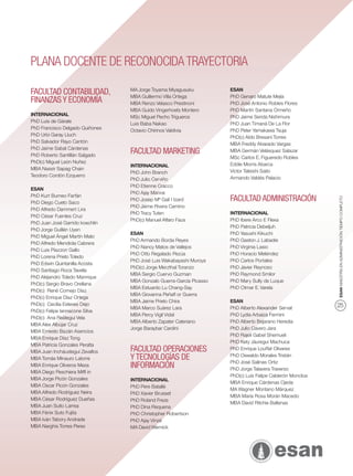 PLANA DOCENTE DE RECONOCIDA TRAYECTORIA
                                 MA Jorge Toyama Miyagusuku          ESAN
FACULTAD CONTABILIDAD,           MBA Guillermo Villa Ortega          PhD Genaro Matute Mejía
FINANZAS Y ECONOMÍA              MBA Renzo Velasco Prestinoni        PhD José Antonio Robles Flores
                                 MBA Guido Vingerhoets Montero       PhD Martín Santana Ormeño
INTERNACIONAL                    MSc Miguel Pecho Trigueros          PhD Jaime Serida Nishimura
PhD Luis de Gárate               Luis Baba Nakao                     PhD Juan Timaná De La Flor
PhD Francisco Delgado Quiñones   Octavio Chirinos Valdivia           PhD Peter Yamakawa Tsuja
PhD Urbi Garay Lluch                                                 PhD(c) Aldo Bresani Torres
PhD Salvador Rayo Cantón                                             MBA Freddy Alvarado Vargas
PhD Jaime Sabal Cárdenas
PhD Roberto Santillán Salgado
                                 FACULTAD MARKETING                  MBA Germán Velásquez Salazar
                                                                     MSc Carlos E. Figueredo Robles
PhD(c) Miguel León Nuñez                                             Eddie Morris Abarca
                                 INTERNACIONAL
MBA Nassir Sapag Chain                                               Víctor Tateishi Saito
                                 PhD John Branch
Teodoro Cordón Ezquerro                                              Armando Valdés Palacio
                                 PhD Julio Cerviño
                                 PhD Etienne Cracco
ESAN
                                 PhD Ajay Manrai
PhD Kurt Burneo Farfán
                                                                     FACULTAD ADMINISTRACIÓN




                                                                                                           ESAN MAESTRÍA EN ADMINISTRACIÓN TIEMPO COMPLETO
                                 PhD Josep Mª Galí I Izard
PhD Diego Cueto Saco
                                 PhD Jaime Rivera Camino
PhD Alfredo Dammert Lira
                                 PhD Tracy Tuten                     INTERNACIONAL
PhD César Fuentes Cruz
                                 PhD(c) Manuel Alfaro Faus           PhD Ibere Arco E Flexa
PhD Juan José Garrido koechlin
                                                                     PhD Patricia Debeljuh
PhD Jorge Guillén Uyen
                                 ESAN                                PhD Yasushi Kikuchi
PhD Miguel Ángel Martín Mato
                                 PhD Armando Borda Reyes             PhD Gaston J. Labadie
PhD Alfredo Mendiola Cabrera
                                 PhD Nancy Matos de Vallejos         PhD Virginia Lasio
PhD Luis Piazzon Gallo
                                 PhD Otto Regalado Pezúa             PhD Horacio Meléndez
PhD Lorena Prieto Toledo
                                 PhD José Luis Wakabayashi Muroya    PhD Carlos Portales
PhD Edwin Quintanilla Acosta
                                 PhD(c) Jorge Merzthal Toranzo       PhD Javier Reynoso
PhD Santiago Roca Tavella
                                 MBA Sergio Cuervo Guzman            PhD Raymond Smilor
PhD Alejandro Toledo Manrique
                                 MBA Gonzalo Guerra-García Picasso   PhD Mary Sully de Luque
PhD(c) Sergio Bravo Orellana
                                 MBA Estuardo Lu Chang-Say           PhD Otmar E. Varela
PhD(c) René Cornejo Díaz
                                 MBA Giovanna Peñaﬂ or Guerra
PhD(c) Enrique Díaz Ortega
                                 MBA Jaime Prieto Chira              ESAN
PhD(c) Cecilia Esteves Dejo                                                                                25
                                 MBA Marco Suárez Lara               PhD Alberto Alexander Servat
PhD(c) Felipe Iannacone Silva
                                 MBA Percy Vigil Vidal               PhD Lydia Arbaiza Fermini
PhD(c) Ana Reátegui Vela
                                 MBA Alberto Zapater Cateriano       PhD Alberto Bejarano Heredia
MBA Alex Albújar Cruz
                                 Jorge Baraybar Cardini              PhD Julio Cavero Jara
MBA Ernesto Bazán Asencios
                                                                     PhD Rajeli Gabel Shemueli
MBA Enrique Díaz Tong
                                                                     PhD Kety Jáuregui Machuca
MBA Patricia Gonzales Peralta
MBA Juan Incháustegui Zevallos   FACULTAD OPERACIONES                PhD Enrique Louffat Olivares
                                                                     PhD Oswaldo Morales Tristán
MBA Tomás Minauro Latorre        Y TECNOLOGÍAS DE                    PhD José Salinas Ortiz
MBA Enrique Oliveros Meza        INFORMACIÓN                         PhD Jorge Talavera Traverso
MBA Diego Peschiera Mifﬂ in
                                                                     PhD(c) Luis Felipe Calderón Moncloa
MBA Jorge Picón Gonzales         INTERNACIONAL
                                                                     MBA Enrique Cárdenas Ojeda
MBA Oscar Picón Gonzales         PhD Pere Batallé
                                                                     MA Wagner Montano Márquez
MBA Alfredo Rodríguez Neira      PhD Xavier Brusset
                                                                     MBA María Rosa Morán Macedo
MBA César Rodríguez Dueñas       PhD Roland Freze
                                                                     MBA David Ritchie Ballenas
MBA Juan Suito Larrea            PhD Dina Requena
MBA Fénix Suto Fujita            PhD Christopher Robertson
MBA Iván Tabory Andrade          PhD Ajay Vinzé
MBA Narghis Torres Perez         MA David Wernick
 