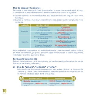 10 Ministerio de la Mujer y Poblaciones Vulnerables
Uso de cargos y funciones
Para evitar el masculino genérico en determinadas circunstancias se puede aludir al cargo
o función que la persona desempeña, debiéndose tomar en cuenta lo siguiente:
a) Cuando se refiera a un área específica, esta debe ser escrita en singular y con inicial
mayúscula.
b) Cuando se nombra a más de un área del mismo tipo, deberá escribir con plural e inicial
minúscula.
INCLUSIVO
En común
NO INCLUSIVO INCLUSIVOÁREA(S)
Los gerentes Las gerencias
Los vicepresidentes Las vicepresidencias
Los jefes de planeamiento
y presupuesto
Las jefaturas de planeamiento
y presupuesto
El Comandante General de
la Fuerza Aérea
La Comandancia General
de la Fuerza Aérea
Específica
El Jefe de Tecnologías de la
Información
La Jefatura de Tecnologías
de la Información
El Inspector General de la
Policía Nacional del Perú
La Inspectoría General de la
Policía Nacional del Perú
a) Uso de “señora”, “señorita” y “señor”
Bajo una forma de tratamiento respetuoso para ambos géneros, se debe escribir
“señora” y “señor” para hacer referencia de forma general a una mujer adulta o a
un hombre adulto (es decir, de 18 años o más).
Estas propuestas orientadoras, no deben interpretarse como soluciones válidas y únicas
en todos los contextos, ya que su aplicación debe enmarcarse en el tipo de documento
redactado y a quién o quiénes se dirige.
Formas de tratamiento
Bajo un trato igualitario hacia las mujeres y los hombres existen alternativas de uso de
formas de tratamiento tales como:
NO INCLUSIVO INCLUSIVO
El monto girado a la señorita Huilca
es de ...
El monto girado a la señora Huilca
es de...
Señorita Magdalena Ruíz Señora Magdalena Ruíz Astorga
 