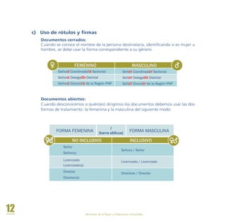 FORMA FEMENINA FORMA MASCULINA
/
(barra oblicua)
NO INCLUSIVO INCLUSIVO
Señor
Señor(a)
Licenciado
Licenciado(a)
Director
Director(a)
Señora / Señor
Licenciada / Licenciado
Directora / Director
12 Ministerio de la Mujer y Poblaciones Vulnerables
Documentos abiertos:
Cuando desconocemos a quién(es) dirigimos los documentos debemos usar las dos
formas de tratamiento: la femenina y la masculina del siguiente modo:
c) Uso de rótulos y firmas
Documentos cerrados:
Cuando se conoce el nombre de la persona destinataria, identificando si es mujer u
hombre, se debe usar la forma correspondiente a su género.
MASCULINOFEMENINO
Señor Coordinador Sectorial
Señor Delegado Distrital
Señor Director de la Región PNP
Señora Coordinadora Sectorial
Señora Delegada Distrital
Señora Directora de la Región PNP
 