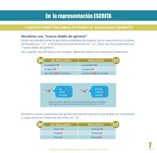 Nombres con “marca doble de género”
Existe una tendencia de la gramática castellana de asignar como masculino los nombres
terminados en “-o”, y femeninos los que terminan en “-a”. Estos son los sustantivos con
“marca doble de género”.
Asimismo, existen sustantivos de género gramatical masculino que acaban en consonante
y cuyas versiones femeninas terminan en “-a”.
Así, cuando nos refiramos a las mujeres, debemos utilizar los sustantivos femeninos:
En la representación ESCRITA
NO INCLUSIVO INCLUSIVO
Contralor
Profesor
Director
Contralora
Profesora
Directora
CONSTRUYENDO PALABRAS EVITANDO EL MASCULINO GENÉRICO
NO INCLUSIVO INCLUSIVO
Como se puede observar, todas estas palabras tienen o pueden
tener género gramatical masculino pero no terminan en “-o”.
7Guía para el uso del lenguaje inclusivo. “Si no me nombras, no existo”.
La presidente
La gerente
Las técnicos de primera
La presidenta
La gerenta
Las técnicas de primera
 