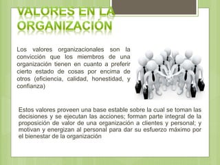 Los valores organizacionales son la
convicción que los miembros de una
organización tienen en cuanto a preferir
cierto estado de cosas por encima de
otros (eficiencia, calidad, honestidad, y
confianza)
Estos valores proveen una base estable sobre la cual se toman las
decisiones y se ejecutan las acciones; forman parte integral de la
proposición de valor de una organización a clientes y personal; y
motivan y energizan al personal para dar su esfuerzo máximo por
el bienestar de la organización
 
