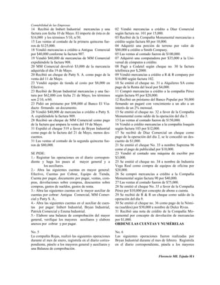Contabilidad de las Empresas
14 Recibió de Imbert Industrial mercancías y una           02 Vendió mercancías a crédito a Díaz Comercial
factura con fecha 10 de Mayo. El importe de ésta es de     según factura no. 101 por 15,000.
$16,000 y los términos 5/10, n/30.                         03 Recibió de la Compañía Monumental mercancías a
15 Las ventas al contado de la primera quincena fue-       crédito según factura 80 por 10,000.
ron de $125,000.                                           04 Adquirió una porción de terreno por valor de
18 Vendió mercancías a crédito a Antigua Comercial         $80,000 a crédito a Smith Company.
por $40,000 conforme la factura 907.                       05 Las ventas al contado fueron de $100,000.
19 Vendió $60,000 de mercancías de MM Comercial            07 Adquirió una computadora por $35,000 a la Uni-
expidiéndole la factura 908.                               versal de cómputos a crédito.
20 MM Comercial devolvió $3,000 de la mercancía            08 Pagó a Codetel según cheque no. 30 la factura
adquirida el día 19 de Mayo.                               telefónica por $,2000.
20 Recibió un cheque de Patty S. A. como pago de la        09 Vendió mercancías a crédito a R & R company por
venta del 11 de Mayo.                                      $10,000 según factura 102.
23 Vendió equipo de tienda al costo por $8,000 en          10 Se emitió el cheque no. 31 a Alquileres SA como
Efectivo.                                                  pago de la Renta del local por $4,000.
23 Recibió de Bryan Industrial mercancías y una fac-       11 Compró mercancías a crédito a la compañía Pérez
tura por $62,000 con fecha 21 de Mayo, los términos        según factura 95 por $20,000.
son 2/10, n/60.                                            12 Recibió un préstamo del Banco Popular por 50,000
23 Pidió un préstamo por $98,000 al Banco El Via-          firmando un pagaré con vencimiento a un año a un
ducto firmando un documento.                               interés de un 2% mensual.
28 Vendió $40,000 de mercancías a crédito a Patty S.       13 Se emitió el cheque no. 32 a favor de la Compañía
A. expidiéndole la factura 909.                            Monumental como saldo de la operación del día 3.
28 Recibió un cheque de MM Comercial como pago             15 Las ventas al contado fueron de $150,000.
de la factura que ampara la venta del 19 de Mayo.          16 Vendió a crédito mercancías a la compañía Joaquín
31 Expidió el cheque 519 a favor de Bryan Industrial       según factura 103 por $12,000.
como pago de la factura del 21 de Mayo, menos des-         17 Se recibió de Díaz Comercial un cheque como
cuentos.                                                   pago de la operación del día 2, se le concedió un des-
31 Las ventas al contado de la segunda quincena fue-       cuento de $1,000.
ron de $80,000.                                            21 Se emitió el cheque No. 33 a nombre Suprema 96
                                                           como el pago de publicidad por $10,000.
SE PIDE:                                                   23 Vendió al contado una máquina de escribir por
1.- Registrar las operaciones en el diario correspon-      $3,000.
diente y haga los pases al mayor general y a               25 Se emitió el cheque no. 34 a nombre de Industria
         los auxiliares.                                   Vega Real como compra de equipos de oficina por
2.- Abra las siguientes cuentas en mayor general:          $20,000.
Efectivo, Cuentas por Cobrar, Equipo de Tienda,            26 Se compró mercancías a crédito a la Compañía
Cuenta por pagar, documento por pagar, ventas, com-        Monumental según factura 90 por $40,000.
pras, devoluciones sobre compras, descuentos sobre         27 Las ventas al contado fueron de $75,000.
compras, gastos de sueldos, gastos de renta.               28 Se emitió el cheque No. 35 a favor de la Compañía
3.- Abra las siguientes cuentas en le mayor auxiliar de    Pérez por $10,000 por concepto de abono a cuenta.
cuentas por cobrar: Antigua Comercial, MM Comer-           29 Se recibió de R & R un cheque como saldo de la
cial y Patty S. A..                                        operación del día 9.
4.- Abra las siguientes cuentas en el auxiliar de cuen-    30 Se emitió el cheque no. 36 como pago de la Nómi-
tas por pagar: Imbert Industrial, Bryan Industrial,        na (sueldos) por $30,000 a nombre de Dulce Rivas.
Patrick Comercial y Emma Industrial.                       31 Recibió una nota de crédito de la Compañía Mo-
5.- Elabore una balanza de comprobación del mayor          numental por concepto de devolución de mercancías
general, verifique los mayores auxiliares y elabore        por $1,000.
anexos por cobrar y por pagar.                             ORDENE LAS CUENTAS Y NUMÉRELAS

No. 5                                                      No. 6
La compañía Rojas, realizó las siguientes operaciones      Las siguientes operaciones fueron realizadas por
durante el mes de enero, regístrela en el diario corres-   Bryan Industrial durante el mes de febrero. Regístrela
pondiente, páselo a los mayores general y auxiliares y     en el diario correspondiente, pásela a los mayores
una Balanza de comprobación.

                                                                                        Florencio Mll. Tejada-MA
 