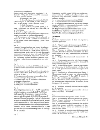 Contabilidad de las Empresas
Indique cuando será la depreciación acumulada el 31 de          Una máquina que había costado $60,000, con una deprecia-
Diciembre 1995, y el 31 de Diciembre 1996, usando cada          ción acumulada de $4,000 fue dada de baja, señale los asien-
uno de los siguientes métodos.                                  tos para dar debaja al activo fijo, conforme a cada uno de los
          A.- Método de Línea Recta.                            siguientes supuestos.
          B.- Horas Trabajadas. Horas estimadas 150,000.        A.- La máquina fue vendida de contado por $12,000.
(Horas trabajadas en 1995, 40,000, en 1996, 35,000, en          B.- La máquina fue vendida de contado por $2,000.
1997, 30,000, en 1998, 25,000 y en 1999, 20,000)                C.- La máquina fue dada a cambio de otra nueva la que tenía
          C.- Saldo Decreciente.                                un valor de $80,000. La máquina usada fue tomada a cambio
          D.- Unidades Producidas. (1995, 150,000, en el        en $3,000, la diferencia se pagó en efectivo.
1996, 125,000, en el 1997, 100,000, en el 1998 75,000 y en      D.- El precio en que se tomó la máquina usada
el 1999, 50,000)                                                fue $18,000 y el precio de la máquina nueva
E.- Suma de los Dígitos de los Años.
F.- Realice asiendo de diario para registrar la depreciación    $20,000. La diferencia de pagó en efectivo.
durante el tercer año por cada uno de los métodos.
    G.- Tomando como referencia el Método de Suma de los        TEMA VIII
Dígitos de los años proceda a vender la máquina al final de     No. 1
su vida útil a su valor en libro, véndala por $30,000 y luego   Realice los siguientes asientos de diario para registrar las
por $2,000.                                                     siguientes operaciones.

No. 10                                                          Ab. 01 Adquirió equipos de tienda entregando $1,500 en
 Artesanía Emmanuel usaba un gran número de moldes en           efectivo y un documento con valor de $6,000 vencimiento a
sus operaciones. El inventario de estos el 31 de diciembre      120 días e intereses del 7%.
del 1995 arrojó un saldo de $75,000, durante el período se      May. 14 Se obtuvo un préstamo directo en una institución
realizaron compras por $42,000. En el 1996 al determinar la     de crédito, firmando un documento por $3,000. Este docu-
existencia se pudo observar que el valor era de $98,000. La     mento vence a los 60 días y el banco descontó los intereses
empresa estima en un 20% la depreciación de dichos mol-         por adelantado.
des. Determine el momento por pérdida o deterioro, la de-       Jul. 13 Se pagó el documento de la transacción del 1 de
preciación y realice el asiento correspondiente para regis-     abril.
trarla.                                                         Ag. 31 Se compraron mercancías a la Acme Company
                                                                conforme a la factura 29 de agosto siendo los términos 2/10,
No. 11                                                          n/60 y su importe era de $2,400.
Una máquina tiene un costo, de $300,000, su vida se estimó      Nov. 01 Se suscribió un pagaré a favor de Ane Company
en 4 años, su valor de desecho fue estimado en $25,000.         con valor nominal de $2,400 vencimiento a 90 días de inte-
Se pide:                                                        res de 7 ½% para obtener una ampliación de plazo de la
A.- Determinar el monto de depreciación por los siguientes      cuenta vencida.
métodos de Línea Recta, Saldo Decreciente y Suma de los         Dic. 01 Se obtuvo un préstamo directo del Banco El
Dígitos de los años.                                            Mocano suscribiendo un pagaré con valor nominal del
B.- Tomando como referencia el método de Línea Recta            $4,000 y vencimiento a 90 días y 25% de interés. El
realice el asiento por el segundo año.                          banco cobró los intereses por adelantado.
C.- Suponga que al final de su vida útil la máquina fue         Dic. 31 Se corrió un asiento de ajuste para registrar intere-
vendida a su valor en libro.                                    ses devengados por el documento que se entregó a la Acne
D.- La Máquina fue vendida por $50,000.                         Company el 1 de noviembre.
E.- La Máquina fue vendida por $5,000.
                                                                En. 30 Se pagó el documento entregado a Acne Company
No. 12                                                          el 1 de noviembre.
Una máquina con costo de $110,000 y que tenía                   Mar. 01 Se pagó el documento que se suscribió a favor del
una depreciación acumulada de $ 90,000, fue                     Banco el Mocano el 1 de diciembre.
dada a cambio de una nueva para uso similar,                    No.2
cuyo precio decontado $120,000. Determine el                    Realice correctamente, los siguientes asientos de diario.
valor en libro de la máquina vieja, el efectivo que             Mar. 05 Se compraron $4,000 de mercancía a crédito a
se entregó a cambio. Realice el asiento de la ope-              Monroe Company conforme a las facturas de fecha 3 de
ración y determine el valor a depreciar de la má-               marzo, en términos 2/10, n/60.
                                                                May. 08 Se abonaron a Monroe Company $1,000 en efecti-
quina nueva tomando como referencia que tiene                   vo y se firmó un pagaré por $3,000, vencimiento a 60 días e
una vida útil de 5 años y valor residual de $9,000              intereses del 7% para obtener una ampliación del plazo
por los métodos de línea recta y suma de los dígi-              sobre la cuenta vencida.
tos de los años.                                                Jul. 01 Se obtuvo un préstamo directo del Guaranty Bank
                                                                suscribiendo un pagaré con valor nominal de $8,000, venci-
No. 13                                                          miento a 90 días e interés del 7 ½ %.

                                                                                                  Florencio Mll. Tejada-MA
 
