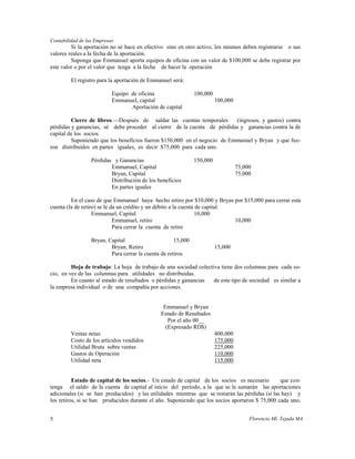 Contabilidad de las Empresas
         Si la aportación no sé hace en efectivo sino en otro activo, los mismos deben registrarse o sus
valores reales a la fecha de la aportación.
         Suponga que Emmanuel aporta equipos de oficina con un valor de $100,000 se debe registrar por
este valor o por el valor que tenga a la fecha de hacer la operación

         El registro para la aportación de Emmanuel será:

                           Equipo de oficina                   100,000
                           Emmanuel, capital                             100,000
                                  Aportación de capital

         Cierre de libros.—Después de saldar las cuentas temporales       (ingresos, y gastos) contra
pérdidas y ganancias, sé debe proceder al cierre de la cuenta de pérdidas y ganancias contra la de
capital de los socios.
         Suponiendo que los beneficios fueron $150,000 en el negocio de Emmanuel y Bryan y que fue-
ron distribuidos en partes iguales, es decir $75,000 para cada uno.

                  Pérdidas y Ganancias                         150,000
                          Emmanuel, Capital                                        75,000
                          Bryan, Capital                                           75,000
                          Distribución de los beneficios
                          En partes iguales

         En el caso de que Emmanuel haya hecho retiro por $10,000 y Bryan por $15,000 para cerrar esta
cuenta (la de retiro) se le da un crédito y un débito a la cuenta de capital.
                   Emmanuel, Capital                             10,000
                             Emmanuel, retiro                                 10,000
                             Para cerrar la cuenta de retiro

                  Bryan, Capital                      15,000
                          Bryan, Retiro                                  15,000
                          Para cerrar la cuenta de retiros

         Hoja de trabajo: La hoja de trabajo de una sociedad colectiva tiene dos columnas para cada so-
cio, en vez de las columnas para utilidades no distribuidas.
         En cuanto al estado de resultados o pérdidas y ganancias   de este tipo de sociedad es similar a
la empresa individual o de una compañía por acciones.


                                                Emmanuel y Bryan
                                               Estado de Resultados
                                                  Por el año 00__
                                                 (Expresado RD$)
         Ventas netas                                                    400,000
         Costo de los artículos vendidos                                 175,000
         Utilidad Bruta sobre ventas                                     225,000
         Gastos de Operación                                             110,000
         Utilidad neta                                                   115,000


          Estado de capital de los socios.- Un estado de capital de los socios es necesario      que con-
tenga el saldo de la cuenta de capital al inicio del período, a la que se le sumarán las aportaciones
adicionales (si se han producidos) y las utilidades mientras que se restarán las pérdidas (si las hay) y
los retiros, si se han producidos durante el año. Suponiendo que los socios aportaron $ 75,000 cada uno,


5                                                                                       Florencio Ml. Tejada MA
 