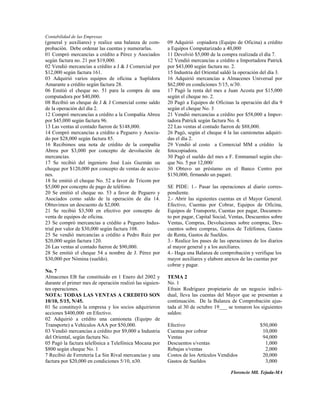 Contabilidad de las Empresas
(general y auxiliares) y realice una balanza de com-      09 Adquirió copiadora (Equipo de Oficina) a crédito
probación. Debe ordenar las cuentas y numerarlas.         a Equipos Computarizado a 40,000
01 Compró mercancías a crédito a Pérez y Asociados        11 Devolvió $5,000 de la compra realizada el día 7.
según factura no. 21 por $19,000.                         12 Vendió mercancías a crédito a Importadora Patrick
02 Vendió mercancías a crédito a J & J Comercial por      por $43,000 según factura no. 2.
$12,000 según factura 161.                                15 Industria del Oriental saldó la operación del día 3.
03 Adquirió varios equipos de oficina a Suplidora         16 Adquirió mercancías a Almacenes Universal por
Amarante a crédito según factura 28.                      $62,000 en condiciones 5/15, n/30.
06 Emitió el cheque no. 51 para la compra de una          17 Pagó la renta del mes a Juan Acosta por $15,000
computadora por $40,000.                                  según el cheque no. 2.
08 Recibió un cheque de J & J Comercial como saldo        20 Pagó a Equipos de Oficinas la operación del día 9
de la operación del día 2.                                según el cheque No. 3
12 Compró mercancías a crédito a la Compañía Abreu        21 Vendió mercancías a crédito por $58,000 a Impor-
por $45,000 según factura 96.                             tadora Patrick según factura No. 4.
13 Las ventas al contado fueron de $148,000.              22 Las ventas al contado fueron de $88,000.
14 Compró mercancías a crédito a Peguero y Asocia-        26 Pagó, según el cheque 4 la las camionetas adquiri-
do por $28,000 según factura 85.                          das el día 2.
16 Recibimos una nota de crédito de la compañía           29 Vendió al costo a Comercial MM a crédito la
Abreu por $3,000 por concepto de devolución de            fotocopiadora.
mercancías.                                               30 Pagó el sueldo del mes a F. Emmanuel según che-
17 Se recibió del ingeniero José Luis Guzmán un           que No. 5 por 12,000/
cheque por $120,000 por concepto de ventas de accio-      30 Obtuvo un préstamo en el Banco Centro por
nes.                                                      $150,000, firmando un pagaré.
18 Se emitió el cheque No. 52 a favor de Tricom por
$5,000 por concepto de pago de teléfono.                  SE PIDE: 1.- Pasar las operaciones al diario corres-
20 Se emitió el cheque no. 53 a favor de Peguero y        pondiente.
Asociados como saldo de la operación de día 14.           2.- Abrir las siguientes cuentas en el Mayor General.
Obtuvimos un descuento de $2,000.                         Efectivo, Cuentas por Cobrar, Equipos de Oficina,
21 Se recibió $3,500 en efectivo por concepto de          Equipos de Transporte, Cuentas por pagar, Documen-
venta de equipos de oficina.                              to por pagar, Capital Social, Ventas, Descuentos sobre
23 Se compró mercancías a crédito a Peguero Indus-        Ventas, Compras, Devoluciones sobre compras, Des-
trial por valor de $30,000 según factura 108.             cuentos sobre compras, Gastos de Teléfonos, Gastos
25 Se vendió mercancías a crédito a Pedro Ruiz por        de Renta, Gastos de Sueldos.
$20,000 según factura 120.                                3.- Realice los pases de las operaciones de los diarios
26 Las ventas al contado fueron de $90,000.               al mayor general y a los auxiliares.
28 Se emitió el cheque 54 a nombre de J. Pérez por        4.- Haga una Balanza de comprobación y verifique los
$30,000 por Nómina (sueldo).                              mayor auxiliares y elabore anexos de las cuentas por
                                                          cobrar y pagar.
No. 7
Almacenes EB fue constituido en 1 Enero del 2002 y        TEMA 2
durante el primer mes de operación realizó las siguien-   No. 1
tes operaciones.                                          Efrain Rodríguez propietario de un negocio indivi-
NOTA: TODAS LAS VENTAS A CREDITO SON                      dual, lleva las cuentas del Mayor que se presentan a
10/10, 5/15, N/45.                                        continuación. De la Balanza de Comprobación ajus-
01 Se constituyó la empresa y los socios adquirieron      tada al 30 de octubre 19___ se tomaron los siguientes
acciones $400,000 en Efectivo.                            saldos:
02 Adquirió a crédito una camioneta (Equipo de
Transporte) a Vehículos AAA por $50,000.                  Efectivo                                    $50,000
03 Vendió mercancías a crédito por $9,000 a Industria     Cuentas por cobrar                           10,000
del Oriental, según factura No.                           Ventas                                       94,000
05 Pagó la factura telefónica a Telefónica Mocana por     Descuentos s/ventas                           1,000
$800 según cheque No. 1                                   Rebajas s/ventas                              2,000
7 Recibió de Ferretería La Sin Rival mercancías y una     Costos de los Artículos Vendidos             20,000
factura por $20,000 en condiciones 5/10, n30.             Gastos de Sueldos                             3,000

                                                                                        Florencio Mll. Tejada-MA
 