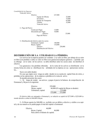 Contabilidad de las Empresas
         Venta del Activo
                            Efectivo                          227,000
                                       Equipo de Oficina                         35,000
                                       Inventario                                75,000
                                       Equipo de Transporte                      85,000
                                       Terreno                                   32,000
                                       Venta del Activo

         2.- Pago del Pasivo
                           Cuenta por Pagar                   15,000
                           Documento por Pagar                10,000
                                            Efectivo                             25,000
                                   Pago del Pasivo


         3.- Distribución del efectivo entre los socios
                           Emmanuel, Capital                   140,000
                           Bryan, Capital                      110,000
                                     Efectivo                          250,000
                                     Distribución del Efectivo



DISTRIBUCIÓN DE LA UTILIDAD O LA PÉRDIDA
         Los activos de la empresa pueden ser vendidos a su valor en libro, por debajo de su valor
en libro (con pérdida) o sobre su valor en libro (con ganancias)cualquier ganancia o pérdida que
se obtenga en la venta de los activos se debe distribuir entre los socios antes de distribuir el
efectivo
         Las ganancias o las pérdidas obtenidas de la venta de los activos se distribuirán en la
misma forma de cómo se distribuyen las utilidades de la empresa en sus operaciones norma-
les...
         Socio con saldo deudor.
         En caso que algún socio tenga un saldo deudor en su cuenta de capital fruto de retiro, o
pérdidas en las operaciones de la empresa o pérdida en la venta de activo
         Se pueden presentar dos casos:
         1. - Si luego de vender sus activos y pagar el pasivo la balanza de comprobación de
Emmanuel y Bryan es la siguiente:

                            Efectivo                     229,000
                            Bryan, capital                46,000 (El capital de Bryan es deudor)
                            Emmanuel, capital                          275,000
                                                          275,000     275,000

        El efectivo debe ser entregado a Emmanuel y se reducirá su capital de $275,000 a $229,000 te-
niendo derecho a cobrar lo $46,000 a Bryan.

         2.- Si Bryan aporta los $46,000, es recibido con un débito a efectivo y crédito a su capi-
tal y de esa manera se le podrá pagar el total del capital a Emmanuel.

                  Efectivo                      46,000
                         Bryan, Capital                     46,000
                         Para cubrir el faltante de capital.

10                                                                                    Florencio Ml. Tejada MA
 