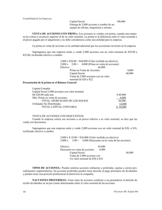 Contabilidad de las Empresas
                                            Capital Social                           100,000
                                            Entrega de 5,000 acciones a cambio de un
                                            equipo de oficina, maquinaria y terreno.

         VENTA DE ACCIONES CON PRIMA.- Las acciones se venden con prima, cuando una empre-
sa las coloca a un precio superior al de su valor nominal. La prima es la diferencia entre el valor nominal y
el precio pagado por el adquiriente y no debe considerarse como una utilidad para la empresa.

         La prima en venta de acciones es la cantidad adicional que los accionistas invierten en la empresa.

         Supongamos que una empresa emite y vende 2,000 acciones con un valor nominal de $20.00 a
$22.00, recibiendo efectivo a cambio.

                                 2,000 x $20.00 = $44,000 (Valor recibido en efectivo)
                                 2,000 x 2,00 = 4,000 (Prima en venta de acciones)
                                 Efectivo                          44,000
                                          Prima en Venta de Acciones                               4,000
                                          Capital Social                                          40,000
                                          Venta de 2,000 acciones con un valor
                                          nominal de $20 a $22.
Presentación de la prima en el Balance General

         Capital Contable
         Capital Social 2,000 acciones con valor nominal
         De $20.00 cada una                                                              $ 40,000
         Más: Prima en venta de acciones                                                     4,000
                  TOTAL APORTACION DE LOS SOCIOS                                           44,000
         Utilidades No Distribuidas                                                         12,000
                  TOTAL CAPITAL CONTABLE                                                 $ 56,000


        VENTA DE ACCIONES CON DESCUENTOS
        Cuando la empresa coloca sus acciones a un precio inferior a su valor nominal, se dice que las
vende con descuentos.

         Supongamos que una empresa emite y vende 2,000 acciones con un valor nominal de $20. a $18,
recibiendo efectivo a cambio.

                                   2,000 x $ 18.00 = $36,000 (Valor recibido en efectivo)
                                   2,000 x    2.00 = 4,000 (Descuento en la venta de las acciones)

                                   Efectivo                          36,000
                                   Descuento en venta de acciones     4,000
                                            Capital Social                                        40,000
                                            Venta de 2,000 acciones con
                                            Un valor nominal de $20 a $18.


        TIPOS DE ACCIONES.- Pueden emitirse acciones ordinarias y preferidas, sujetas a ciertos pro-
cedimientos reglamentarios, las acciones preferidas pueden tener derecho al pago prioritario de dividendos
y pueden tener una posición preferencial al disolverse la compañía.

          NACCIONES PREFERIDAS.- Estas clase de acciones confieren a sus poseedores el derecho de
recibir dividendos en un por ciento determinado sobre el valor nominal de las acciones.


16                                                                                    Florencio Ml. Tejada MA
 