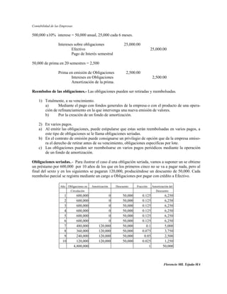 Contabilidad de las Empresas

500,000 x10% interese = 50,000 anual, 25,000 cada 6 meses.

                  Intereses sobre obligaciones                 25,000.00
                          Efectivo                                                25,000.00
                          Pago de Interés semestral

50,000 de prima en 20 semestres = 2,500

                  Prima en emisión de Obligaciones               2,500.00
                         Intereses en Obligaciones                                   2,500.00
                         Amortización de la prima.

Reembolso de las obligaciones.- Las obligaciones pueden ser retiradas y reembolsadas.

    1) Totalmente, a su vencimiento.
       a)      Mediante el pago con fondos generales de la empresa o con el producto de una opera-
       ción de refinanciamiento en la que intervenga una nueva emisión de valores.
       b)      Por la creación de un fondo de amortización.

    2) En varios pagos.
    a) Al emitir las obligaciones, puede estipularse que estas serán reembolsadas en varios pagos, a
       este tipo de obligaciones se le llama obligaciones seriadas.
    b) En el contrato de emisión puede consignarse un privilegio de opción que da la empresa emiso-
       ra el derecho de retirar antes de su vencimiento, obligaciones especificas por lote.
    c) Las obligaciones pueden ser reembolsarse en varios pagos periódicos mediante la operación
       de un fondo de amortización.

Obligaciones seriadas..- Para ilustrar el caso d una obligación seriada, vamos a suponer un se obtiene
un préstamo por 600,000 por 10 años de los que en los primeros cinco no se va a pagar nada, pero al
final del sexto y en los siguientes se pagaran 120,000, produciéndose un descuento de 50,000. Cada
reembolso parcial se registra mediante un cargo a Obligaciones por pagar con crédito a Efectivo.

                   Año Obligaciones en     Amortización   Descuento    Fracción      Amortización del
                        Circulación                                                    Descuento
                      1          600,000              0       50,000        0.125             6,250
                      2          600,000              0       50,000        0.125             6,250
                      3          600,000              0       50,000        0.125             6,250
                      4          600,000              0       50,000        0.125             6,250
                      5          600,000              0       50,000        0.125             6,250
                      6          600,000              0       50,000        0.125             6,250
                      7          480,000        120,000       50,000           0.1            5,000
                      8          360,000        120,000       50,000        0.075             3,750
                      9          240,000        120,000       50,000         0.05             2,500
                     10          120,000        120,000       50,000        0.025             1,250
                               4,800,000                                         1           50,000



                                                                                              Florencio Mll. Tejada-MA
 