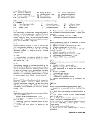 Contabilidad de las Empresas
CC Certificación de Cheques              ED    Entrega de Divisas            SP    Comisión por Suspención
CH Comisión por Chequera                 FP    Cheques Fuera de Plaza        TE    Transferencia al Exterior
CI Comisión por Cierre de Cuenta         GD    Giros en Dólares              TR    Transferencia al Exterior
CM Cargo por Manejo                      GF    Gastos Financieros            TU    Transferencia en Dólares

El banco también puede incrementar (acreditar) la cuenta del depositante por:
CUADRO NO. 2
CA       Cajero Automático Crédito             CP       Crédito por Préstamo            NO       Crédito por Nómina
CD       Cheque Devuelto                       DC       Corrección a Devolución         PI       Pago de Intereses
CN       Nota de Crédito                       CP       Crédito a Devolución            TC       Transferencia

No. 8                                                           5. Pagó a un corredor en los Estados Unidos para gestio-
El 3 de noviembre la compañía ABC estableció un fondo de        nar la compra de materia prima US$400. (Gastos sobre
caja chica por $150, entregándoselo a la señorita Pérez para    compras)
su manejo. El día 15 el fondo fue reembolsado por lo si-        6. Adquirió US$3,000 dólares más a $22.50.
guiente: Fletes $40, sellos $18, contribuciones $5 y gastos     7. Compró materia prima en el exterior por US$5,000.
misceláneos $35. Prepare los asientos de diario necesarios
para la creación del fondo y su reposición.                     No. 13
                                                                Realice los asientos de diario de las operaciones en dólares
No. 9                                                           que se presentan a continuación:
Cerámica Industrial estableció su fondo de caja chica por       1. Adquirió US$3,000 dólares a una tasa de $25.35.
$100 a los 5 días sólo quedaban $5 del efectivo y compro-       2. Adquirió una maquinaria por US$5,000.
bantes por los siguientes conceptos: sellos de correos $12,     3. Pago la instalación de la maquinaria (Gastos de Instala-
fletes sobre compras $37, útiles de oficina $18 y gastos        ción) por US$5,000.
misceláneos $28.                                                4. Adquirió materia prima por US$4,000.
                                                                5. Adquirió un fax (equipo de oficina) por US$600.
SE PIDE:                                                        6. Pagó gastos de representación por US$100.
  A.- Asiento de diario para establecer el fondo. B.- Asiento   7. Adquirió US$500 dólares a US$13.50.
de diario para hacer la reposición. C.- Asiento para aumen-
tar el fono de $100 a $200.                                     No. 14
                                                                Registre en el diario esta operaciones en el diario realizadas
No. 10                                                          en dólares.
Una Compañía estableció el 10 de marzo un fondo de caja         1. Adquirió US$8,000 a una tasa de $22.75
chica (fondo fijo) de $200. Dos semanas después el efectivo     2. Adquirió una computadora por $US3,000.
sólo era de $15 y comprobantes por los siguientes concep-       3. Pagó subscripción a la Revista La Mundial por
tos: sellos de correos $18, fletes sobre compras $24, gastos    US$100.
misceláneos $36, combustible $34, publicaciones (pago de        4. Pagó flete por US$50.
periódico) $35 y donaciones y contribuciones $20. Realice       5. Compró una pieza por US$75.
los asientos de diario parear el fondo y hacer la reposición.   6. Adquirió US$500 a $13.50.
                                                                7. Compró materia prima por US$2,000.
No. 11                                                          8. Adquirió material gastable para la computadora por
La empresa NN Comercial estableció un fondo de caja chica       US$200.
(fondo fijo) de $100 y a la semana ya se había realizado los
siguientes desembolsos: Telegramas $18, Fass $34, Viáticos      TEMA V
$12, fletes sobre compras $25. Realice los asientos de          No. 1
diario para la creación del fondo y la reposición. Aumente      Realice correctamente los siguientes asientos de diario.
el fondo a $300.                                                A.- Se expidió un documento a J. García por $8,000 a 18% y
                                                                20 días.
No. 12                                                          B.- J. García pagó a vencimiento el documento firmado en la
Realice los asientos de diarios de las operaciones en dólares   letra A.
de la Empresa AA Comercial.                                     C.- Alvaro Gutiérrez nos firmó un pagaré por $20,000 a 60
1. Compró $8,000 dólares a una tasa da $20.50.                  días y 26% de interés.
2. Cobró gastos a un empleado para gestiones de la em-          D.- A los 45 días el señor Gutiérrez se presentó a saldar su
presa US$1,000.                                                 cuenta. (Sólo pagará el tiempo transcurrido)
3. Se suscribió a la revista Empresarial (Gastos de Publi-      E.- Oscar López se vio imposibilitado de pagarnos su cuenta
caciones) por US 60.                                            por un monto de $30,000 y nos firmó un pagaré a 3 meses,
4. Adquirió una pieza (Gastos de Reparación) por                26% de interés.
US$100.                                                         F.- López saldó su cuenta a los dos meses.
                                                                G.- Haga la operación como si López saldara su cuenta a
                                                                vencimiento.

                                                                                                  Florencio Mll. Tejada-MA
 