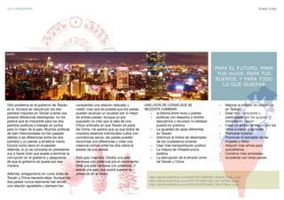 2012 PRESIDENTE	                                                                                                                                                       SONIA HUNG




TAIPEI



                                                                                                                                             PARA EL FUTURO, PARA
                                                                                                                                              TUS HIJOS, PARA TUS
                                                                                                                                             SUEÑOS, Y PARA TODO
                                                                                                                                                LO QUE QUIERAS



Otro problema es el gobierno de Taiwán       compartido una relación delicado y            UNA LISTA DE COSAS QUE SE                          -   Mejorar la calidad de educación
en sí. Aunque es natural por los dos         volátil, creo que es posible que los países   NECESITA CAMBIAR:                                      en Taiwán
partidos mayores en Taiwán a tener sus       puedan alcanzar un acuerdo por lo mejor          - la brecha entre ricos y pobres                -   Estar más consciente y
propios diferencias ideológicas, no me       de ambas países. Aunque yo por                   - políticas con respecto a fondos                   preocupado por los grupos
parece que es imposible para los dos         supuesto no creo que la idea de una                  educativos y recursos no estaban                minorías en Taiwán
partidos políticas a trabajar en juntos      China uniﬁcado en que Taiwán es parte                puesto en práctica                          -   Crear un ambiente seguro por los
para lo mejor de la país. Muchas políticas   de China, me parece que ya que todos de          - La igualdad de razas diferentes                   niños a crecer y aprender
de bien intencionadas no han pasado          nosotros estamos individuales cultos con             en Taiwán                                   -   Promover turismo
debido a las diferencias entre los dos       conciencias sanos, las países pueden             - Disminuir el índice de desempleo              -   Promover el bienestar de las
partidos y yo planeo a erradicar casos       reconciliar sus diferencias y crear una              de los ciudadanos jóvenes                       mujeres y niños
futuros como esos en el pasado.              creencia común entre los dos sobre el            - Usar más transportación público               -   Adquirir más armas para
Además, si yo se convierta en presidente,    estado de sus países.                            - La mejora de infraestructura                      autodefensa
voy a hacer todo que puedo a terminar la                                                          pública                                     -   Construir más amistades
corrupción en el gobierno y asegurarse       Esta país mejorará. Estaba una país              - La atenuación de la tensión entre                 duraderas con otras países
de que el gobierno se queda por esa          hermosa con potencial por el crecimiento.            de Taiwán y China                      	
manera.                                      Está una país hermosa con potencial. Y
                                             estará una país que podrá superar su
Además, antagonismo en curso entre de        potencial en el futuro.
Taiwán y China necesita dejar. Aunque los                                                     http://farm6.staticflickr.com/5259/5570866583_ebec6e7b49_z.jpg
dos países nunca realmente han tenido                                                         http://farm3.staticflickr.com/2597/3709601630_54c7af5f6e_b.jpg
una relación agradable y siempre han                                                          http://farm6.staticflickr.com/5044/5263704984_08b4f1f8ca_o.jpg
 