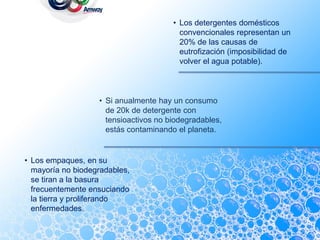 • Los detergentes domésticos
                                         convencionales representan un
                                         20% de las causas de
                                         eutrofización (imposibilidad de
                                         volver el agua potable).



                   • Si anualmente hay un consumo
                     de 20k de detergente con
                     tensioactivos no biodegradables,
                     estás contaminando el planeta.


• Los empaques, en su
  mayoría no biodegradables,
  se tiran a la basura
  frecuentemente ensuciando
  la tierra y proliferando
  enfermedades.
 