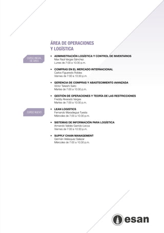 ÁREA DE OPERACIONES
                Y LOGÍSTICA
                •	 ADMINISTRACIÓN LOGÍSTICA Y CONTROL DE INVENTARIOS
CURSO INICIAL   	 Max Raúl Vargas Sánchez
  DE ÁREA
                	 Lunes de 7:00 a 10:30 p.m.

                •	 COMPRAS EN EL MERCADO INTERNACIONAL
                	 Carlos Figueredo Robles
                	 Viernes de 7:00 a 10:30 p.m.

                •	 GERENCIA DE COMPRAS Y ABASTECIMIENTO AVANZADA
                	 Víctor Tateishi Saito
                	 Martes de 7:00 a 10:30 p.m.

                •	   GESTIÓN DE OPERACIONES Y TEORÍA DE LAS RESTRICCIONES
                	    Freddy Alvarado Vargas
                	    Martes de 7:00 a 10:30 p.m.
                	
                •	   LEAN LOGISTICS
CURSO NUEVO     	    Fernando Maradiegue Tuesta
                	    Miércoles de 7:00 a 10:30 p.m.

                •	 SISTEMAS DE INFORMACIÓN PARA LOGÍSTICA
                	 Armando Valdés Garrido-Lecca
                	 Viernes de 7:00 a 10:30 p.m.

                •	 SUPPLY CHAIN MANAGEMENT
                	 Germán Velásquez Salazar
                	 Miércoles de 7:00 a 10:30 p.m.
 