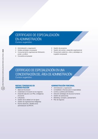 CERTIFICADO DE ESPECIALIZACIÓN
                                                          EN ADMINISTRACIÓN
                                                          Cursos sugeridos:

                                                          •	 Administración y organización                 •	 Gestión de proyectos
4PEE PROGRAMA DE ESPECIALIZACIÓN PARA EJECUTIVOS - ESAN




                                                          •	 Análisis estratégico empresarial              •	 Gestión del cambio y desarrollo organizacional
                                                          •	 Comportamiento organizacional: Motivación,    •	 Pensamiento sistémico, crítico y estratégico en
                                                             poder y conflicto                                la gestión empresarial
                                                          •	 Consultoría empresarial




                                                          CERTIFICADO DE ESPECIALIZACIÓN EN UNA
                                                          CONCENTRACIÓN DEL ÁREA DE ADMINISTRACIÓN
                                                          Cursos sugeridos:


                                                          NUEVAS TENDENCIAS EN                             ADMINISTRACIÓN FUNCIONAL
            8                                             ADMINISTRACIÓN                                   •	   Administración y organización
                                                          •	 Balanced Scorecard                            •	   Contabilidad y finanzas para no especialistas
                                                          •	 Creatividad e innovación en los negocios      •	   Control y auditoría administrativa
                                                          •	 Desarrollo ejecutivo con PNL e inteligencia   •	   Dirección estratégica de recursos humanos
                                                             emocional                                     •	   Gestión de operaciones
                                                          •	 e-Business                                    •	   Marketing: concepto y planeamiento
                                                          •	 Gestión de la calidad con six sigma           •	   Plan de negocios
                                                          •	 Gestión de organizaciones inteligentes
                                                          •	 Nuevos alcances y desafíos de la
                                                             administración de RR.HH.
 