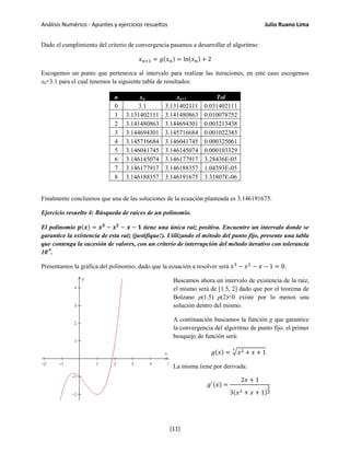 Análisis Numérico - Apuntes y ejercicios resueltos Julio Ruano Lima
Dado el cumplimiento del criterio de convergencia pasamos a desarrollar el algoritmo:
𝑥 𝑛+1 = 𝑔(𝑥 𝑛) = ln(𝑥 𝑛) + 2
Escogemos un punto que pertenezca al intervalo para realizar las iteraciones, en este caso escogemos
x0=3.1 para el cual tenemos la siguiente tabla de resultados:
n xn xn+1 Tol
0 3.1 3.131402111 0.031402111
1 3.131402111 3.141480863 0.010078752
2 3.141480863 3.144694301 0.003213438
3 3.144694301 3.145716684 0.001022383
4 3.145716684 3.146041745 0.000325061
5 3.146041745 3.146145074 0.000103329
6 3.146145074 3.146177917 3.28436E-05
7 3.146177917 3.146188357 1.04393E-05
8 3.146188357 3.146191675 3.31807E-06
Finalmente concluimos que una de las soluciones de la ecuación planteada es 3.146191675.
Ejercicio resuelto 4: Búsqueda de raíces de un polinomio.
El polinomio 𝒑(𝒙) = 𝒙 𝟑
− 𝒙 𝟐
− 𝒙 − 𝟏 tiene una única raíz positiva. Encuentre un intervalo donde se
garantice la existencia de esta raíz (justifique!). Utilizando el método del punto fijo, presente una tabla
que contenga la sucesión de valores, con un criterio de interrupción del método iterativo con tolerancia
10-9
.
Presentamos la gráfica del polinomio, dado que la ecuación a resolver será 𝑥3
− 𝑥2
− 𝑥 − 1 = 0.
Buscamos ahora un intervalo de existencia de la raíz,
el mismo será de [1.5, 2] dado que por el teorema de
Bolzano p(1.5) p(2)<0 existe por lo menos una
solución dentro del mismo.
A continuación buscamos la función g que garantice
la convergencia del algoritmo de punto fijo. el primer
bosquejo de función será:
𝑔(𝑥) = � 𝑥2 + 𝑥 + 1
3
La misma tiene por derivada:
𝑔′(𝑥) =
2𝑥 + 1
3(𝑥2 + 𝑥 + 1)
2
3
[11]
 