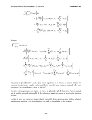 Análisis Numérico - Apuntes y ejercicios resueltos Julio Ruano Lima
� �� 𝑓(𝑥, 𝑦)𝑑𝑦
∅2(𝑥)
∅1(𝑥)
� 𝑑𝑥
𝑏
𝑎
≈
ℎ 𝑥
2
�
ℎ(𝑥0)
2
�𝑓(𝑥0, 𝑦0) + 𝑓(𝑥0, 𝑦 𝑚) + 2 � 𝑓�𝑥0, 𝑦𝑗�
𝑚−1
𝑗=1
�
+
ℎ(𝑥 𝑛)
2
�𝑓(𝑥 𝑛, 𝑦0) + 𝑓(𝑥 𝑛, 𝑦 𝑚) + 2 � 𝑓�𝑥 𝑛, 𝑦𝑗�
𝑚−1
𝑗=1
+�
+ 2 �
ℎ(𝑥𝑖)
3
�𝑓(𝑥𝑖, 𝑦0) + 𝑓(𝑥𝑖, 𝑦 𝑚) + 2 � 𝑓�𝑥𝑖, 𝑦𝑗�
𝑚−1
𝑗=1
�
𝑛−1
𝑖=1
�
Simpson:
� �� 𝑓(𝑥, 𝑦)𝑑𝑦
∅2(𝑥)
∅1(𝑥)
� 𝑑𝑥
𝑏
𝑎
≈
ℎ 𝑥
3
�
ℎ(𝑥0)
3
�𝑓(𝑥0, 𝑦0) + 𝑓(𝑥0, 𝑦 𝑚) + 2 � 𝑓�𝑥0, 𝑦2𝑗�
𝑚
2
−1
𝑗=1
+ 4 � 𝑓�𝑥0, 𝑦2𝑗−1�
𝑚
2
𝑗=1
�
+
ℎ(𝑥 𝑛)
3
�𝑓(𝑥 𝑛, 𝑦0) + 𝑓(𝑥 𝑛, 𝑦 𝑚) + 2 � 𝑓�𝑥 𝑛, 𝑦2𝑗�
𝑚
2
−1
𝑗=1
+ 4 � 𝑓�𝑥 𝑛, 𝑦2𝑗−1�
𝑚
2
𝑗=1
�
+ 2 �
ℎ(𝑥2𝑖)
3
�𝑓(𝑥2𝑖, 𝑦0) + 𝑓(𝑥2𝑖, 𝑦 𝑚) + 2 � 𝑓�𝑥2𝑖, 𝑦2𝑗�
𝑚
2
−1
𝑗=1
+ 4 � 𝑓�𝑥2𝑖, 𝑦2𝑗−1�
𝑚
2
𝑗=1
�
𝑛
2
−1
𝑖=1
+ 4 �
ℎ(𝑥2𝑖−1)
3
�𝑓(𝑥2𝑖−1, 𝑦0) + 𝑓(𝑥2𝑖−1, 𝑦 𝑚) + 2 � 𝑓�𝑥2𝑖−1, 𝑦2𝑗�
𝑚
2
−1
𝑗=1
+ 4 � 𝑓�𝑥2𝑖−1, 𝑦2𝑗−1�
𝑚
2
𝑗=1
�
𝑛
2
𝑖=1
�
En general el procedimiento a usarse para ambos algoritmos es el mismo, se procede primero por
encontrar los valores de x para los cuales se dividirá el intervalo, luego buscamos para cada x los pares
ordenados (x, y) y procedemos a evaluar la función f.
Con estos valores generamos una matriz a la cual se le aplicara la regla de Simpson o Trapecio en cada
una de sus filas generando así una tabla de dos columnas a la cual nuevamente se le aplicará el algoritmo
deseado.
La idea de tener una matriz para luego reducirla a una tabla de dos columnas para finalizar aplicando
nuevamente el algoritmo a esta tabla es análoga a la usada en interpolación en dos variables.
[57]
 