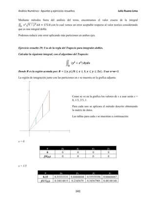 Análisis Numérico - Apuntes y ejercicios resueltos Julio Ruano Lima
Mediante métodos fuera del análisis del texto, encontramos el valor exacto de la integral
∬ 𝑥2
�9 − 𝑦2
𝑅
𝑑𝐴 ≈ 172.8 con lo cual vemos un error aceptable respecto al valor teorico considerando
que es una integral doble.
Podemos reducir este error aplicando más particiones en ambos ejes.
Ejercicio resuelto 29: Uso de la regla del Trapecio para integrales dobles.
Calcular la siguiente integral, con el algoritmo del Trapecio:
� (𝒚 𝟐
+ 𝒙 𝟑
)
𝑹
𝒅𝒚𝒅𝒙
Donde R es la región acotada por: 𝑹 = {(𝒙, 𝒚)/𝟎 ≤ 𝒙 ≤ 𝟏, 𝒙 ≤ 𝒚 ≤ 𝟐𝒙} . Usar n=m=3.
La región de integración junto con las particiones en x se muestra en la grafica adjunta:
Como se ve en la grafica los valores de x a usar serán x =
0, 1/3, 2/3, 1.
Para cada uno se aplicara el método descrito obteniendo
la matriz de datos.
Las tablas para cada x se muestran a continuación:
x = 0
x y0 y1 y2 y3
0 0 0 0 0
f(0,yj) 0 0 0 0
x = 1/3
x y0 y1 y2 y3
0.33 0.33333333 0.44444444 0.55555556 0.66666667
f(1/3,yj) 0.14814815 0.2345679 0.34567901 0.48148148
[60]
 
