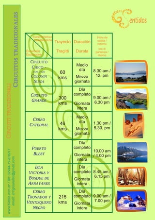 entidos
                                               Características                           Hora de
                                               Caratteristiche                           salida /
                                                                 Trayecto Duración       retorno
                                                                                          ora di
                                           Excursión             Tragitti    Durata     partenza /
                                           Escursione                                    ritorno

                                             CIRCUITO
                                                                             Medio
                                             CHICO -
                                                                              día      8.30 am /
                                               CON O SIN           60
                                              COLONIA                        Mezza      12. pm
                                                                  kms
                                               SUIZA                        giornata
                                                                              Día
                                             CIRCUITO                       completo
                                                                  300                9.00 am /
                                             GRANDE
                                                                  kms       Giornata 6.30 pm
                                                                             intera

                                                                             Medio
                                               CERRO                          día
                                             CATEDRAL              46                  1.30 pm /
                                                                  kms        Mezza     5.30. pm
                                                                            giornata

                                                                              Día
                                              PUERTO                        completo
www.blabla.com.ar / Tel: 02944-15-818217




                                                                                     10.00 am
                                               BLEST                        Giornata / 4.00 pm
    email: artiguuealeli@gmail.com




                                                                             intera
                                                ISLA                           Día
                                            VICTORIA Y                      completo 8.45 am /
                                            BOSQUE DE                                6.15 pm
                                                                            Giornata
                                            ARRAYANES                         intera
                                               CERRO                           Día
                                           TRONADOR Y             215       completo 9.00 am /
                                           VENTISQUERO            kms                7.00 pm
                                                                            Giornata
                                             NEGRO                            intera
 