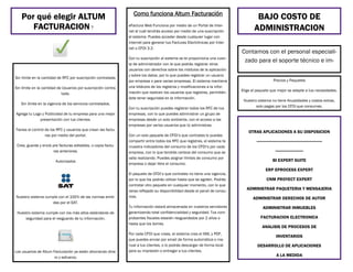 Por qué elegir ALTUM
FACTURACION ?

Sin límite en la cantidad de RFC por suscripción contratada.
Sin límite en la cantidad de Usuarios por suscripción contratada.
Sin límite en la vigencia de los servicios contratados.
Agrega tu Logo y Publicidad de tu empresa para una mejor
presentación con tus clientes.
Tienes el control de los RFC y usuarios que crean las facturas por medio del portal.
Crea, guarda y envía pre facturas editables, o copia facturas anteriores.
Autorizados

Nuestro sistema cumple con el 100% de las normas emitidas por el SAT.
Nuestro sistema cumple con los más altos estándares de
seguridad para el resguardo de tu información.

Los usuarios de Altum Facturación ya están ahorrando dinero y esfuerzo,

Como funciona Altum Facturación
eFactura Web Funciona por medio de un Portal de Internet al cuál tendrás acceso por medio de una suscripción
al sistema. Puedes acceder desde cualquier lugar con
internet para generar tus Facturas Electrónicas por Internet o CFDI 3.2.
Con tu suscripción al sistema se te proporciona una cuenta de administrador con la que podrás registrar otros
usuarios con derechos sobre los módulos de la aplicación
y sobre los datos, por lo que puedes registrar un usuario
por empresa o para varias empresas. El sistema mantiene
una bitácora de los registros y modificaciones a la información que realicen los usuarios que registres, permitiéndote tener seguridad en la información.
Con tu suscripción puedes registrar todos los RFC de tus
empresas, con lo que puedes administrar un grupo de
empresas desde un solo ambiente, con el acceso a las
empresas por varios usuarios que tú administras.
Con un solo paquete de CFDI’s que contrates lo puedes
compartir entre todos los RFC que registres, el sistema te
muestra indicadores del consumo de los CFDI’s por cada
empresa, con lo que tendrás certeza del consumo que se
valla realizando. Puedes asignar límites de consumo por
empresa o dejar libre el consumo.
El paquete de CFDI’s que contrates no tiene una vigencia,
por lo que los podrás utilizar hasta que se agoten. Podrás
contratar otro paquete en cualquier momento, con lo que
veras reflejado su disponibilidad desde el panel de consumos.
Tu información estará almacenada en nuestros servidores
garantizando total confidencialidad y seguridad. Tus comprobantes fiscales estarán resguardados por 2 años o
hasta que los borres.
Por cada CFDI que crees, el sistema crea el XML y PDF,
que puedes enviar por email de forma automática o manual a tus clientes, o lo podrás descargar de forma local
para su impresión o entregar a tus clientes.

BAJO COSTO DE
ADMINISTRACION
Contamos con el personal especializado para el soporte técnico e imPrecios y Paquetes
Elige el paquete que mejor se adapte a tus necesidades.
Nuestro sistema no tiene Anualidades y costos extras,
solo pagas por los CFDI que consumes.

OTRAS APLICACIONES A SU DISPOSICION
——————————————————————
—————————BI EXPERT SUITE
ERP EPROCESS EXPERT
CNM PROYECT EXPERT
ADMINISTRAR PAQUETERIA Y MENSAJERIA
ADMINISTRAR DERECHOS DE AUTOR
ADMINISTRAR INMUEBLES
FACTURACION ELECTRONICA
ANALISIS DE PROCESOS DE
INVENTARIOS
DESARROLLO DE APLICACIONES
A LA MEDIDA

 