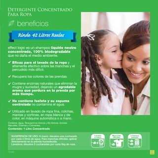 103
Detergente Concentrado
Para Ropa
Contenido: 1 Litro Concentrado
effect logic es un shampoo líquido neutro
concentrado, 100% biodegradable
que no daña el medio ambiente.
Contiene: Agua, Tensoactivos Iónicos y No Iónicos, Aromas
Naturales, Enzimas y Colorantes.
SUGERENCIA DE USO: A mano: disuelve una cucharada
por cada 5 litros de agua. Para manchas difíciles: aplicar
directamente en la prenda humedecida.
Lavadora: disuelve 2 cucharadas por cada 5kg de ropa.
Lavado
a mano
5 lt.
Manchas
difíciles
Limpieza
pesada
c/5 Kg
Eficaz para el lavado de la ropa y
altamente efectivo sobre las manchas y el
percudido más difícil.
Recupera los colores de las prendas.
Contiene enzimas naturales que eliminan la
mugre y suciedad, dejando un agradable
aroma que perdura en la prenda por
más tiempo.
No contiene fosfato y su espuma
controlada no contamina el agua.
Utilizado en lavado de ropa fina, colchas,
mantas y cortinas, en ropa blanca y de
color, en máquina automática o a mano.
10 pts.
 