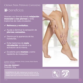 63
Crema Para Piernas Cansadas
Gracias a su fórmula brinda relajación
muscular a las piernas y evita
trastornos de mala circulación.
THAI SPA PRODUCT
Contenido: 150 g
Refresca y revitaliza.
Ayuda a disminuir la sensación de
piernas cansadas.
Disminuye la apariencia de los
moretones.
Evita trastornos de mala
circulación ayudando a la
activación de la misma.
Excelente para reumas y como
repelente de mosquitos.
Contiene: Aceite de Almendras, Árnica, Lavanda, Menta Piperita,
Mejorana y Eucalipto.
SUGERENCIA DE USO: Aplícalo por la noche o por la
mañana en la superficie de las piernas dando un suave
masaje hasta que la crema se absorba completamente.
aplicar
10 pts.
 