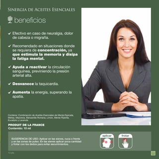 77
Sinergia de Aceites Esenciales
PRODUIT DE LA FRANCE
Contenido: 10 ml
SUGERENCIA DE USO: Aplicar en las sienes, nuca o frente
y en las zonas de pulso. En las sienes aplicar poca cantidad
y frotar con los dedos para evitar escurrimientos.
Contiene: Combinación de Aceites Esenciales de Menta Espicata,
Melisa, Mejorana, Manzanilla Romana, Limón, Menta Piperita,
Eucalipto y Lavanda.
aplicar frotar
Efectivo en caso de neuralgia, dolor
de cabeza o migraña.
Recomendado en situaciones donde
se requiera de concentración, ya
que estimula la memoria y disipa
la fatiga mental.
Ayuda a reactivar la circulación
sanguínea, previniendo la presión
arterial alta.
Desvanece la taquicardia.
Aumenta la energía, superando la
apatía.
13 pts.
 