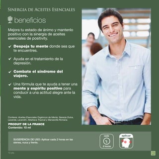 Sinergia de Aceites Esenciales
PRODUIT DE LA FRANCE
Contenido: 10 ml
Mejora tu estado de ánimo y mantenlo
positivo con la sinergia de aceites
esenciales de positivity.
SUGERENCIA DE USO: Aplicar cada 2 horas en las
sienes, nuca y frente.
Contiene: Aceites Esenciales Orgánicos de Menta, Naranja Dulce,
Lavanda, Lavandín, Albahaca Tropical y Manzanilla Romana.
aplicarcada
2 horas
Despeja tu mente donde sea que
te encuentres.
Ayuda en el tratamiento de la
depresión.
Combate el síndrome del
viajero.
Una fórmula que te ayuda a tener una
mente y espíritu positivo para
conducir a una actitud alegre ante la
vida.
10 pts. 81
SUGERENCIA DE USO: Aplicar cada 2 horas en las
sienes, nuca y frente.
 