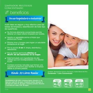 99
Limpiador Multiusos
Concentrado
multi clean es seguro y muy efectivo para las
tareas de limpieza y desinfección de todo tipo
de superficies.
SUGERENCIA DE USO: Limpieza ligera: disuelva ¼ de
taza por cada 2lt. de agua. Limpieza media: disuelva ¼
de taza por cada 1lt. de agua. Limpieza pesada: disuelva
¼ de taza por cada 1/2lt. de agua.
Contenido: 1 Litro Concentrado
Contiene: Tensoactivos Iónicos y No Iónicos, Aceite Natural de Pino.
Limpieza
ligera
1/42 lt.
Limpieza
media
1/41 lt.
Limpieza
pesada
1/4 1/2lt.
Su fórmula altamente concentrada permite
obtener un mayor efecto limpiador por botella.
Aporta un agradable aroma a limpio que
perdura por horas.
Elimina virus y hongos para lograr un saludable
ambiente en el hogar.
Por su acción 3 en 1: limpia, desinfecta y
desodoriza.
Por su efecto germicida elimina el
99.9% de las bacterias en tu hogar.
Está formulado con ingredientes de alta
calidad que son biodegradables y no afectan
la piel.
Contiene enzimas naturales que forman una
superficie protectora para facilitar la limpieza
desde la primera pasada.
10 pts.
 