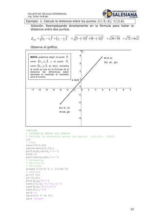 10
FOLLETO DE CÁLCULO DIFERENCIAL
Ing. Víctor Huilcapi
Ejemplo: 1. Calcule la distancia entre los puntos 1P (-3,-2); 2P (3,4).
Solución. Reemplazando directamente en la fórmula para hallar la
distancia entre dos puntos.
        26723636)2(4)3(3
222
12
2
1221
 yyxxd PP
Observe el gráfico.
%MATLAB
% DISTANCIA ENTRE DOS PUNTOS
% Calcule la distancia entre los puntos (-3,-2); (3,4).
clc
% ejes
eje=-10:1:10;
ceros=zeros(1,21);
plot(eje,ceros,'r+-')
hold on
plot(ceros,eje,'r+-')
% Distancia
% P1=(-3,-2)
% P2=(3,4)
d=sqrt((-3-3)^2 + (-2-4)^2)
% gráfica
p=[-3 3];
q=[-2,4];
plot(p,q,'b*-')
text(-3,-2,'P1(-3,-2)')
text(3,4,'P2(3,4)')
text(0,1,'d')
grid on
axis([-5 5 -5 5])
axis square
NOTA: podemos elegir el punto
como , y el punto
como ; es decir, tomarlos
al revés ya que en la fórmula de la
distancia las diferencias están
elevadas al cuadrado el resultado
será el mismo.
 