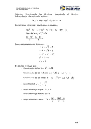 101
FOLLETO DE CÁLCULO DIFERENCIAL
Ing. Víctor Huilcapi
Solución. Reordenando los términos, despejando el término
independiente y factorizando, se tiene:
124)4(4)8(9 22
 yyxx
Completando trinomios y equilibrando la ecuación:
1
9
)2(
4
)4(
36)2(4)4(9
16144124)44(4)168(9
22
22
22






yx
yx
yyxx
Según esta ecuación se tiene que:
5
49
24
39
2
222





c
c
bac
b
a
De aquí se concluye que:
 Coordenadas del centro:  2,4C
 Coordenadas de los vértices: )5,4(1 v y )1,4(2 v
 Coordenadas de los focos: )52,4(1 f y )52,4(2 f
 Excentricidad:
3
5

a
c
e
 Longitud del eje mayor: 62 a
 Longitud del eje menor: 42 b
 Longitud del lado recto:
 
3
8
3
422 2

a
b
LLR
 