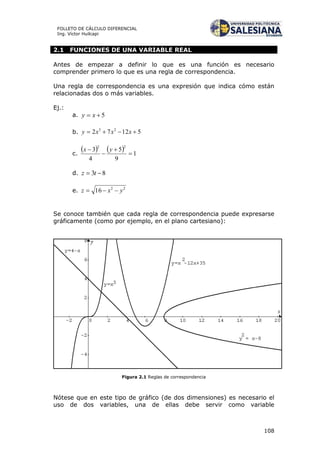 108
FOLLETO DE CÁLCULO DIFERENCIAL
Ing. Víctor Huilcapi
2.1 FUNCIONES DE UNA VARIABLE REAL
Antes de empezar a definir lo que es una función es necesario
comprender primero lo que es una regla de correspondencia.
Una regla de correspondencia es una expresión que indica cómo están
relacionadas dos o más variables.
Ej.:
a. 5 xy
b. 51272 23
 xxxy
c.
    1
9
5
4
3
22



 yx
d. 83  tz
e. 22
16 yxz 
Se conoce también que cada regla de correspondencia puede expresarse
gráficamente (como por ejemplo, en el plano cartesiano):
Figura 2.1 Reglas de correspondencia
Nótese que en este tipo de gráfico (de dos dimensiones) es necesario el
uso de dos variables, una de ellas debe servir como variable
 