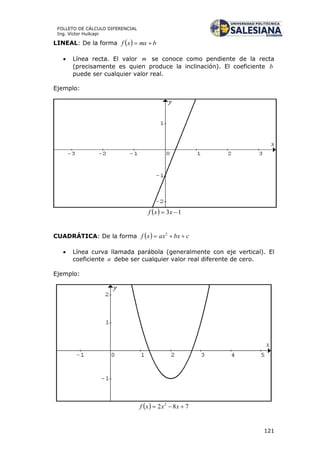 121
FOLLETO DE CÁLCULO DIFERENCIAL
Ing. Víctor Huilcapi
LINEAL: De la forma   bmxxf 
 Línea recta. El valor m se conoce como pendiente de la recta
(precisamente es quien produce la inclinación). El coeficiente b
puede ser cualquier valor real.
Ejemplo:
  13  xxf
CUADRÁTICA: De la forma   cbxaxxf  2
 Línea curva llamada parábola (generalmente con eje vertical). El
coeficiente a debe ser cualquier valor real diferente de cero.
Ejemplo:
  782 2
 xxxf
 