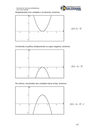 127
FOLLETO DE CÁLCULO DIFERENCIAL
Ing. Víctor Huilcapi
Desplazándolo tres unidades a la derecha, tenemos:
Invirtiendo el gráfico anteponiendo un signo negativo, tenemos:
Por último, moviéndolo dos unidades hacia arriba, tenemos:
 