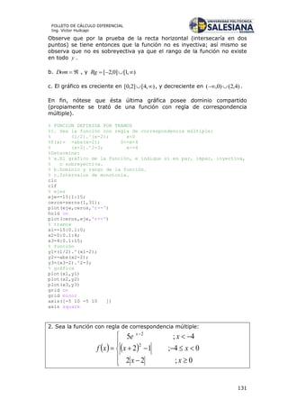 131
FOLLETO DE CÁLCULO DIFERENCIAL
Ing. Víctor Huilcapi
Observe que por la prueba de la recta horizontal (intersecaría en dos
puntos) se tiene entonces que la función no es inyectiva; así mismo se
observa que no es sobreyectiva ya que el rango de la función no existe
en todo y .
b. Dom , y ),1[]0,2[ Rg
c. El gráfico es creciente en ),4[]2,0[  , y decreciente en )4,2()0,(  .
En fin, nótese que ésta última gráfica posee dominio compartido
(propiamente se trató de una función con regla de correspondencia
múltiple).
% FUNCION DEFINIDA POR TRAMOS
%1. Sea la función con regla de correspondencia múltiple:
% (1/2).^(x-2); x<0
%f(x)= -abs(x-2); 0<=x<4
% (x-2).^2-3; x>=4
%Determine:
% a.El gráfico de la función, e indique si es par, impar, inyectiva,
% o sobreyectiva.
% b.Dominio y rango de la función.
% c.Intervalos de monotonía.
clc
clf
% ejes
eje=-15:1:15;
ceros=zeros(1,31);
plot(eje,ceros,'r+-')
hold on
plot(ceros,eje,'r+-')
% tramos
x1=-15:0.1:0;
x2=0:0.1:4;
x3=4:0.1:15;
% función
y1=(1/2).^(x1-2);
y2=-abs(x2-2);
y3=(x3-2).^2-3;
% gráfica
plot(x1,y1)
plot(x2,y2)
plot(x3,y3)
grid on
grid minor
axis([-5 10 -5 10 ])
axis square
2. Sea la función con regla de correspondencia múltiple:
   










0;22
04;12
4;5
2
2
xx
xx
xe
xf
x
 