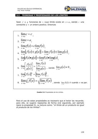 139
FOLLETO DE CÁLCULO DIFERENCIAL
Ing. Víctor Huilcapi
3.2 TEOREMAS Y PROPIEDADES DE LOS LÍMITES
Sean f y g funciones de x cuyo límite existe en ax  , siendo c una
constante y n un entero positivo. Entonces
Cuadro 3.1 Propiedades de los Límites.
Para el uso de estas propiedades es necesario que el lector las recuerde;
para ello, se sugiere repasarlas de forma oral siguiendo, por ejemplo
(para la propiedad 5), su lectura como: “el límite de un producto es igual
al producto de los límites”.
1. ;
2. ;
3. ;
4. ;
5. ;
6. , siendo ;
7. ;
8. , siendo cuando es par.
 