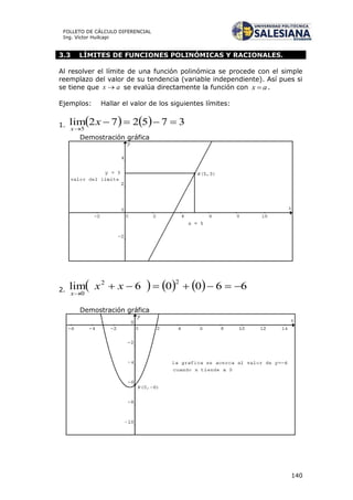 140
FOLLETO DE CÁLCULO DIFERENCIAL
Ing. Víctor Huilcapi
3.3 LÍMITES DE FUNCIONES POLINÓMICAS Y RACIONALES.
Al resolver el límite de una función polinómica se procede con el simple
reemplazo del valor de su tendencia (variable independiente). Así pues si
se tiene que ax  se evalúa directamente la función con ax  .
Ejemplos: Hallar el valor de los siguientes límites:
1.     375272lim
5


x
x
Demostración gráfica
2.       66006lim
22
0


xx
x
Demostración gráfica
 